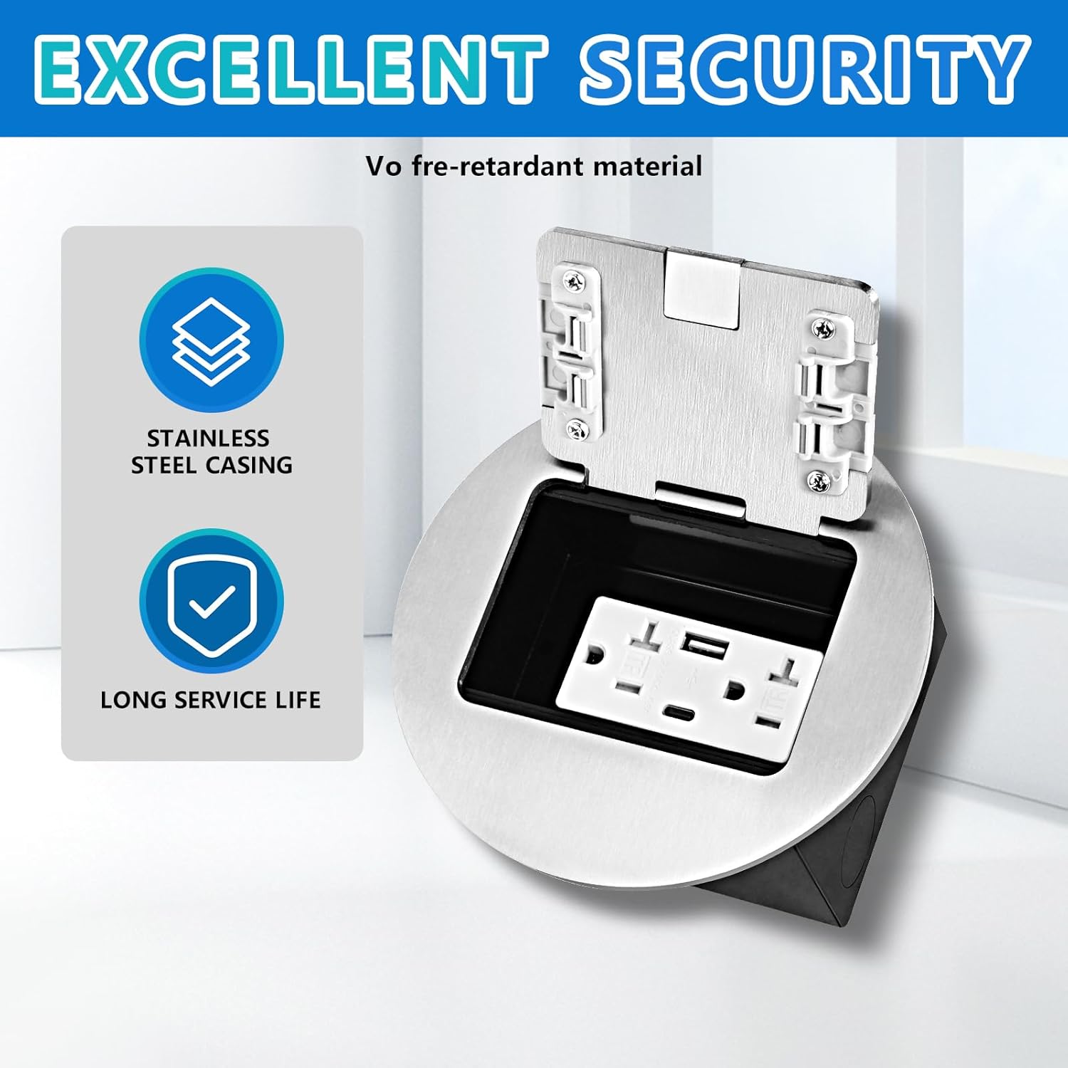 KYHSHJ Recessed Circular Floor Socket Kit with 2 * 20A Receptacle，4.8A 1 USB-A Ports &1 USB-C Port，Corrosive Resistant Hardware,Silver