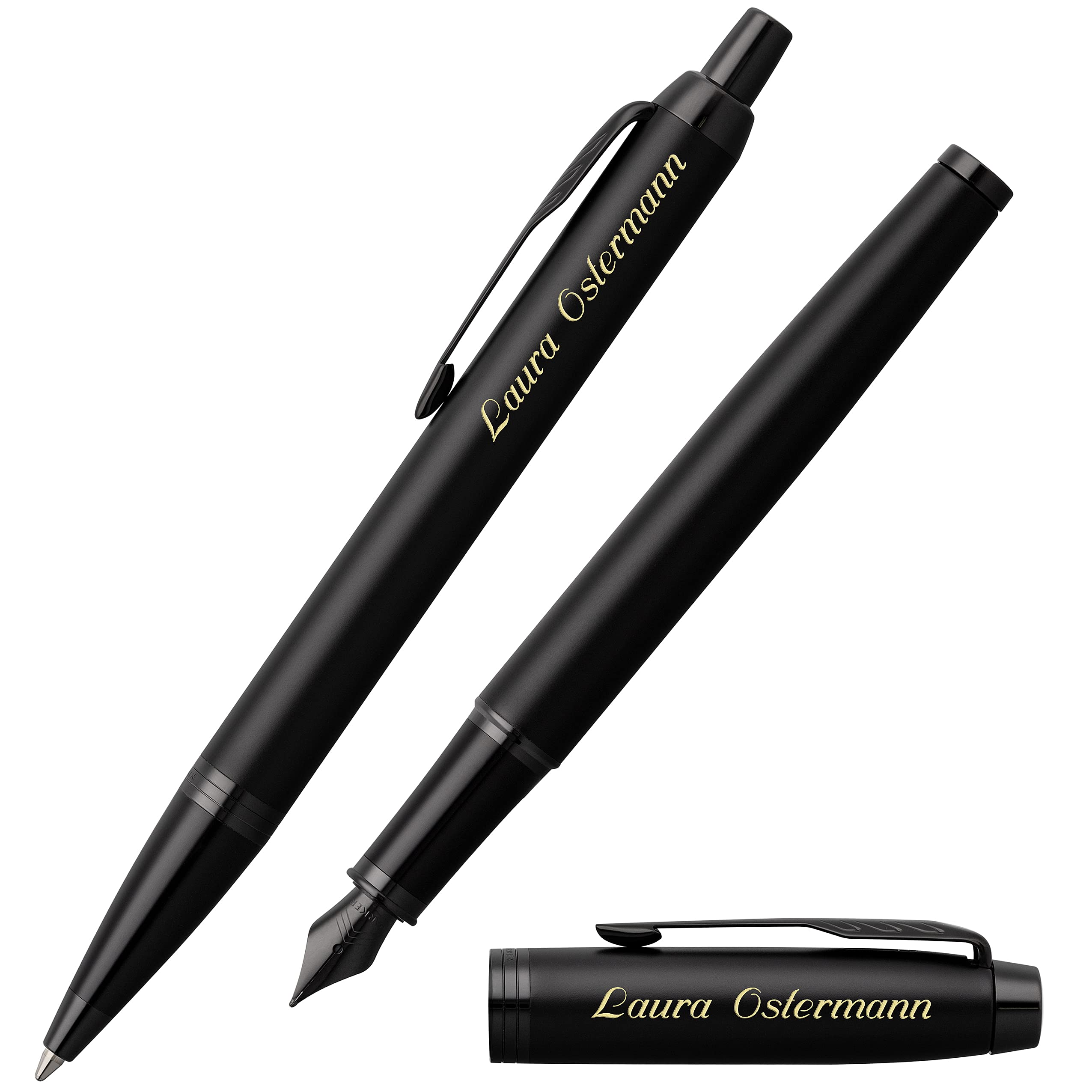 Parker Schreibset IM Premium Achromatic Mattschwarz PVD mit Laser-Gravur Kugelschreiber Füllfederhalter