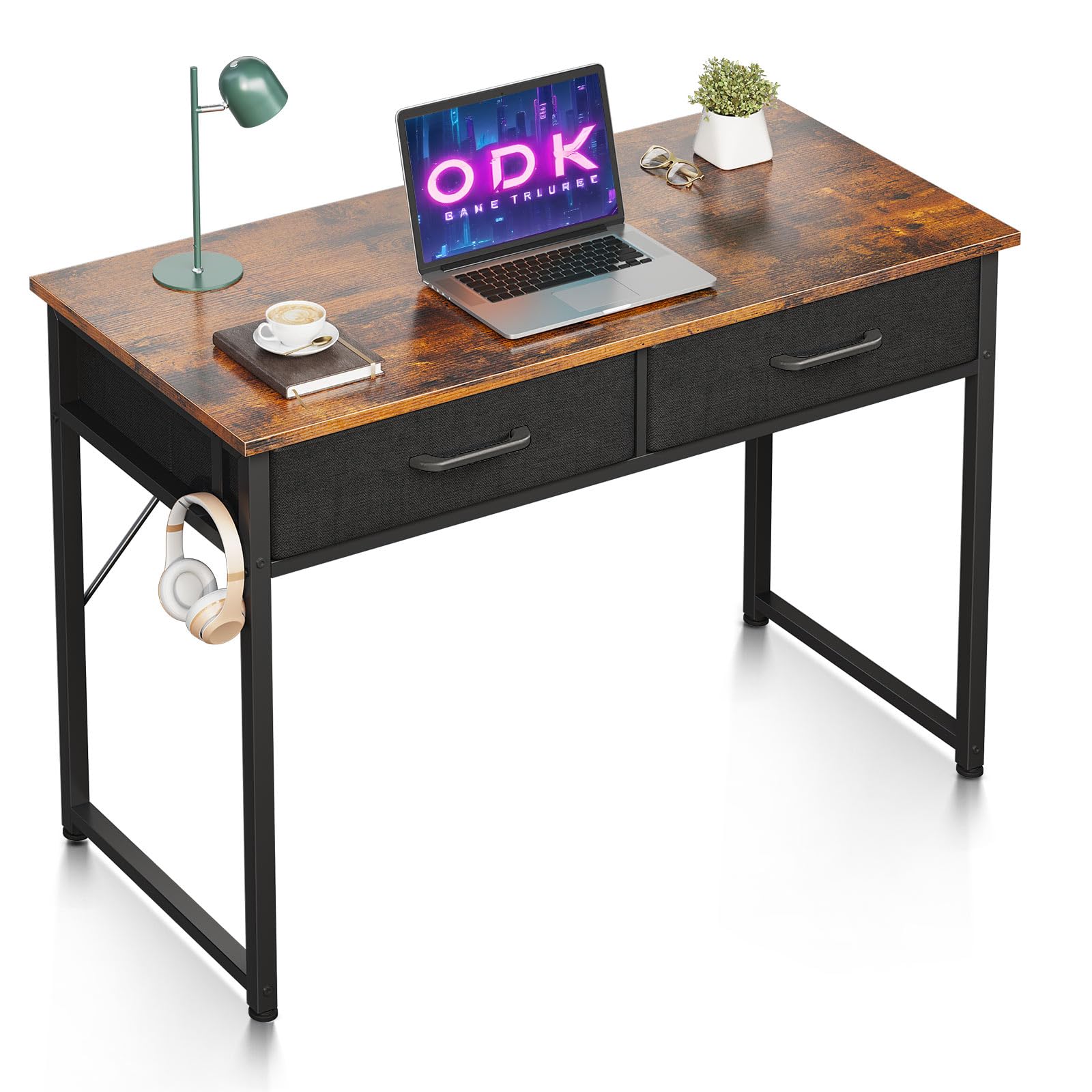 ODK Escritorio con 2 Cajones, Escritorio Pequeño con Soporte para Auriculares, Escritorio de Oficina Mesa de PC Mesa de Oficina para Oficina, Sala de Estar, Oficina en Casa (Marrón, 100x40x78,7cm)