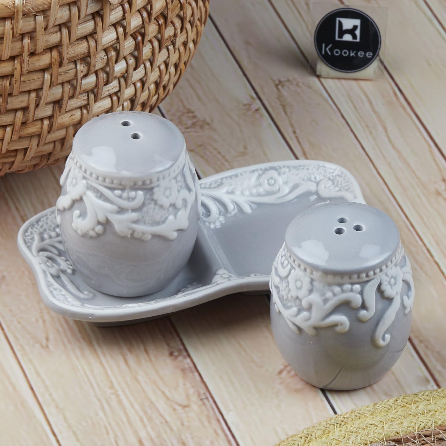 Kookee Ceramic Salt and Pepper Shaker Set with Tray | Grey White (8567) — Amazon image 2