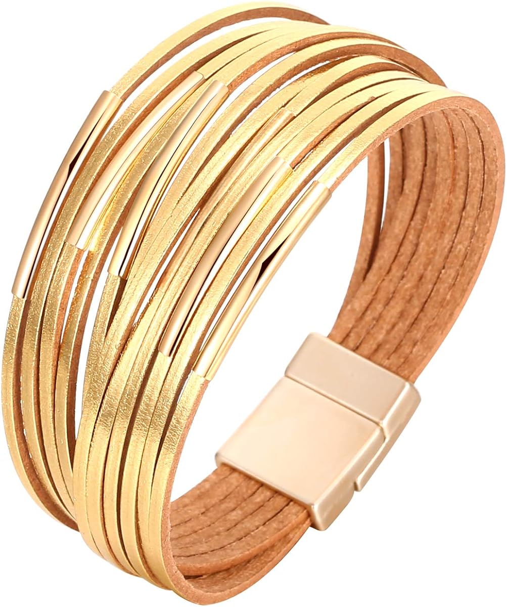 Fesciory Leather Wrap Bracelets for Women, Boho Western Layered Jewelry | Layered leather cuff bracelets, Easy on and off, Boho western style, Daily wear, Gift for women