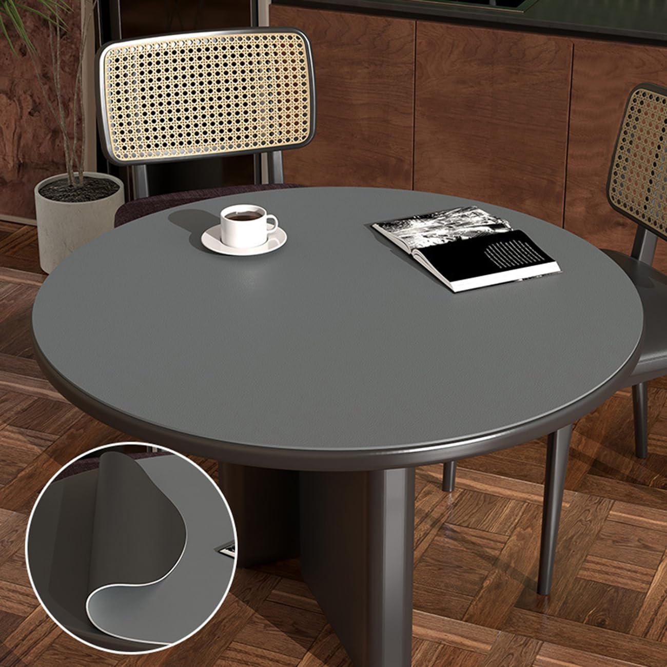 PU Tischdecke Tischmatte Schreibtisch Tischfolie Rund Schutzfolie Tischfoli Tischschutz Matte Beideseiten Wasserdicht Schwarz+Grau Rund 90cm