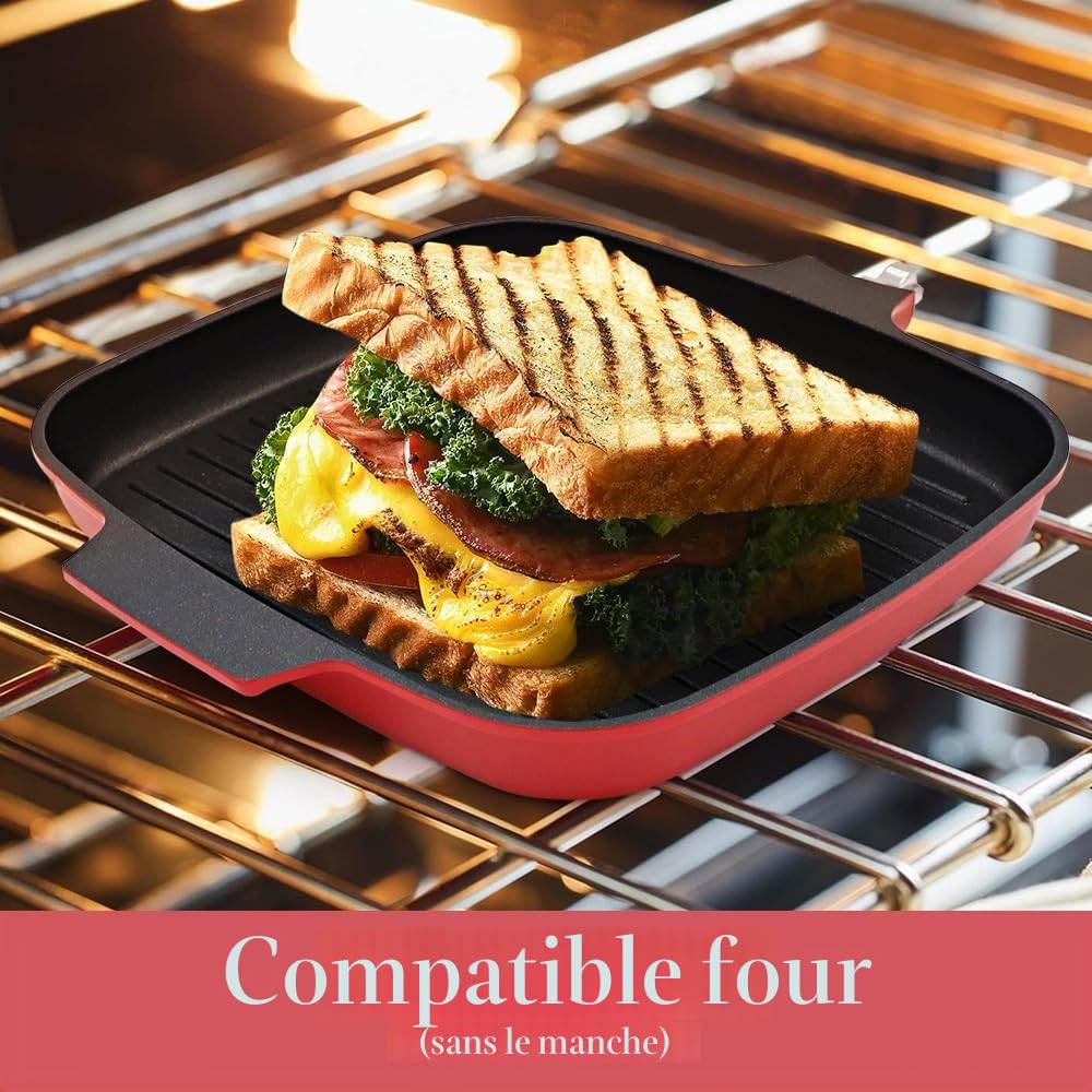 RANX INGST Poêle Grill avec Couvercle 24 cm, Poêle à Griller Carré avec Poignée Amovible, Revêtement Anti-Adhésif, Compatible Tous feux dont Induction