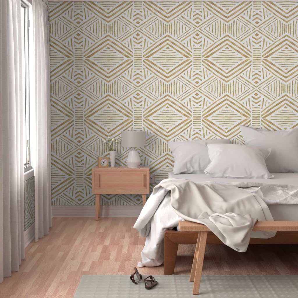 Peel & Stick Wallpaper 3ft x 2ft - Boho Geometric Gold Geo Stripe Mod Diamond Custom Removable Wallpaper by Spoonflower
