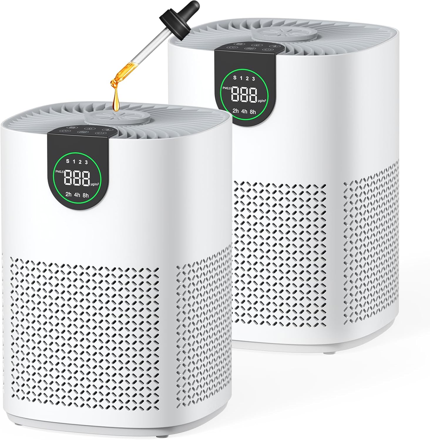 Two VEWIOR ClearAir-A12 Air Purifiers, one with essential oil being added