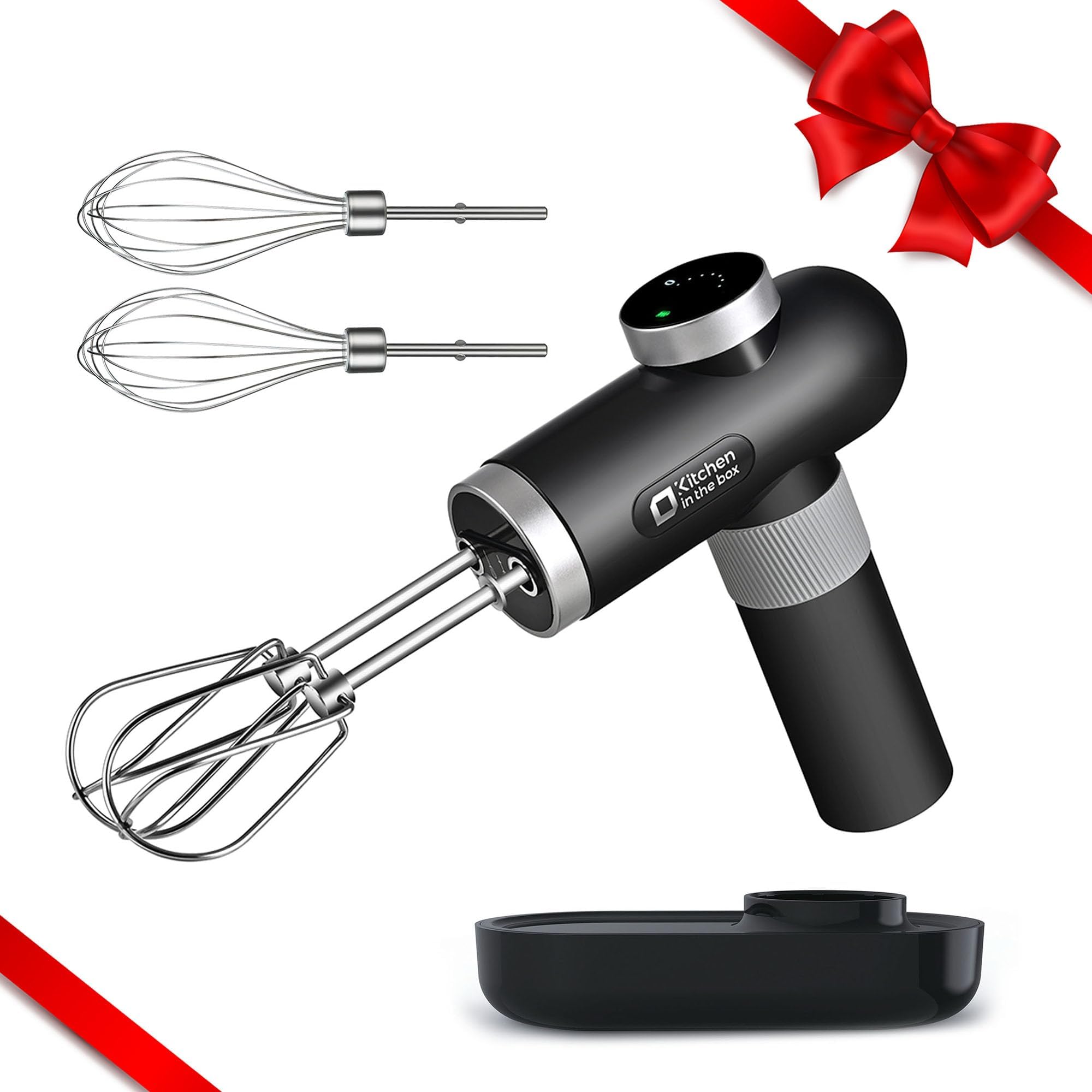 Kitchen in the boxCordless Rechargeable Hand Mixer for Kitchen, Portable Handheld Electric Mixer with Beaters, Whisks, 6-Speed Digital Display, Charging Base and USB-C Charge Cable (Classic Black)