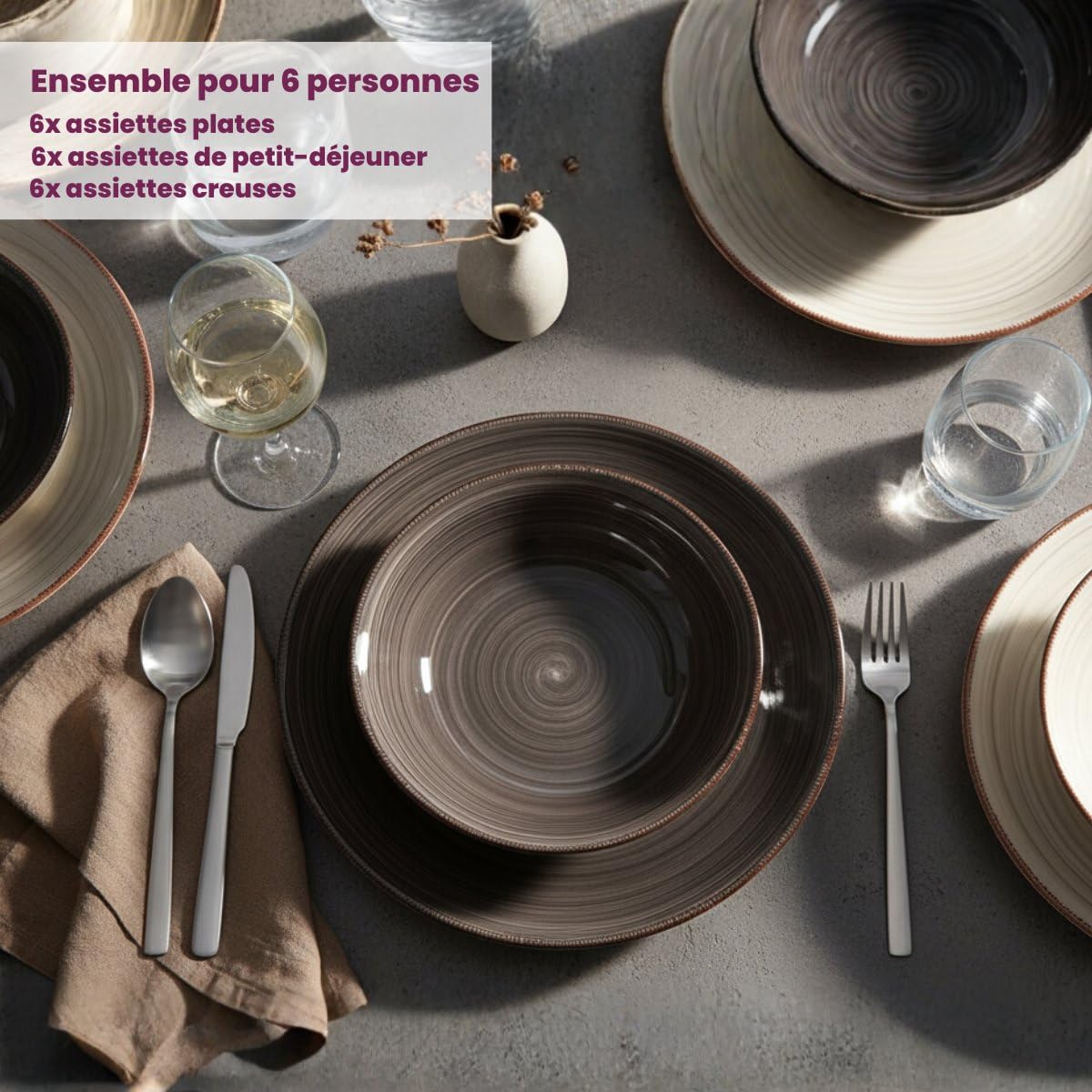 Cookinglife Service de table Delice gris, 18 pièces pour 6 personnes, assiettes plates, creuses et à dessert, compatible lave-vaisselle
