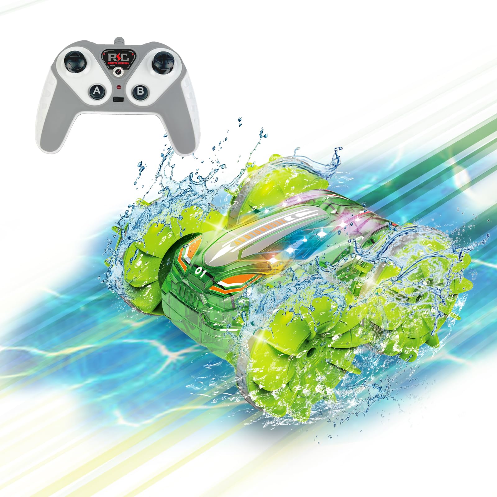 2.4GHz Amphibious Remote Control Stunt Car and Boat with LED Lights, 4WD Waterproof RC Car with 360 Degree Rotations and Rechargeable Battery, Pool Toys and Birthday for Kids 6+