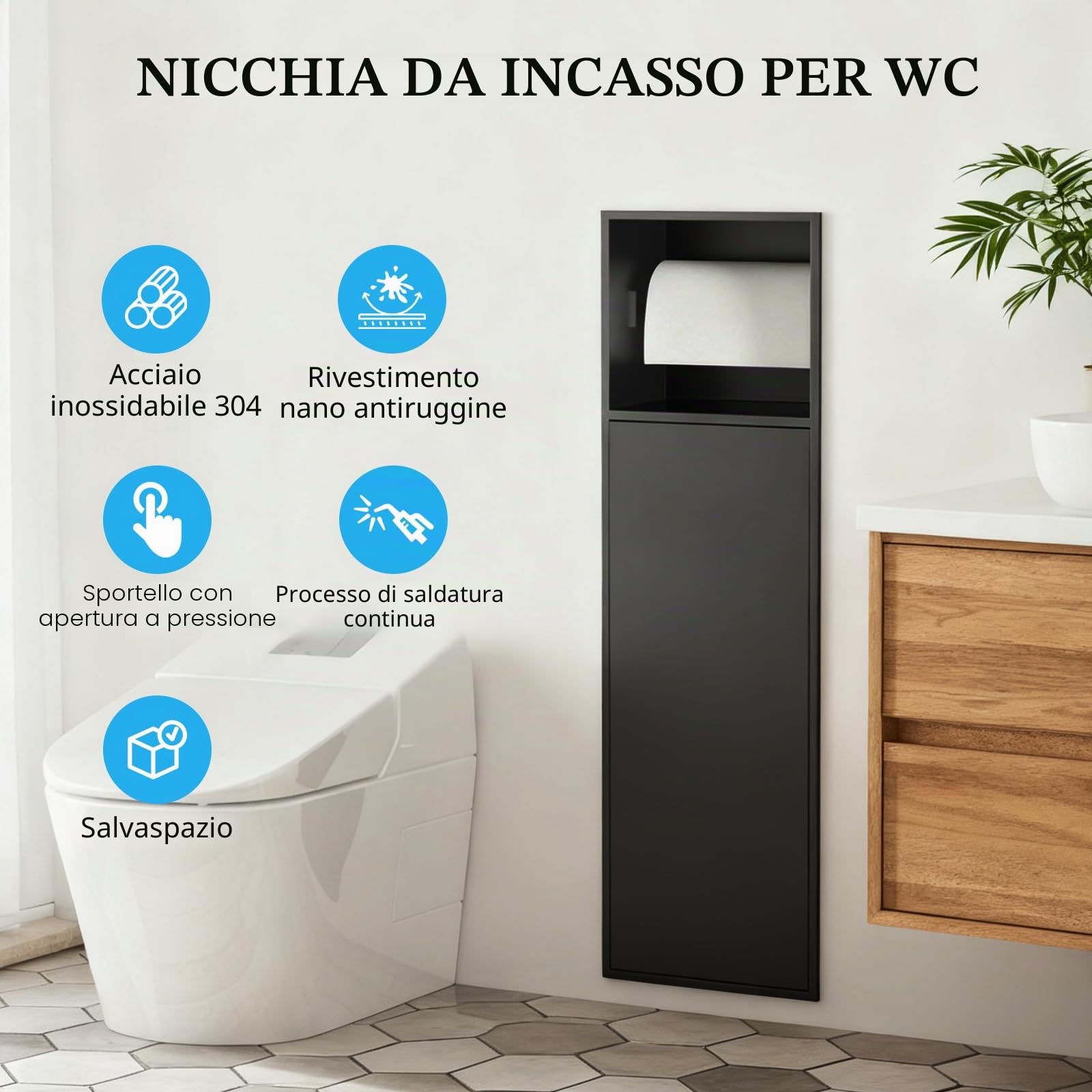 Porta Carta Igienica da Incasso, Nicchia in Acciaio Inox 304 | con due Ripiani per Riporre la Carta Igienica e lo Scopino del WC nel Bagno