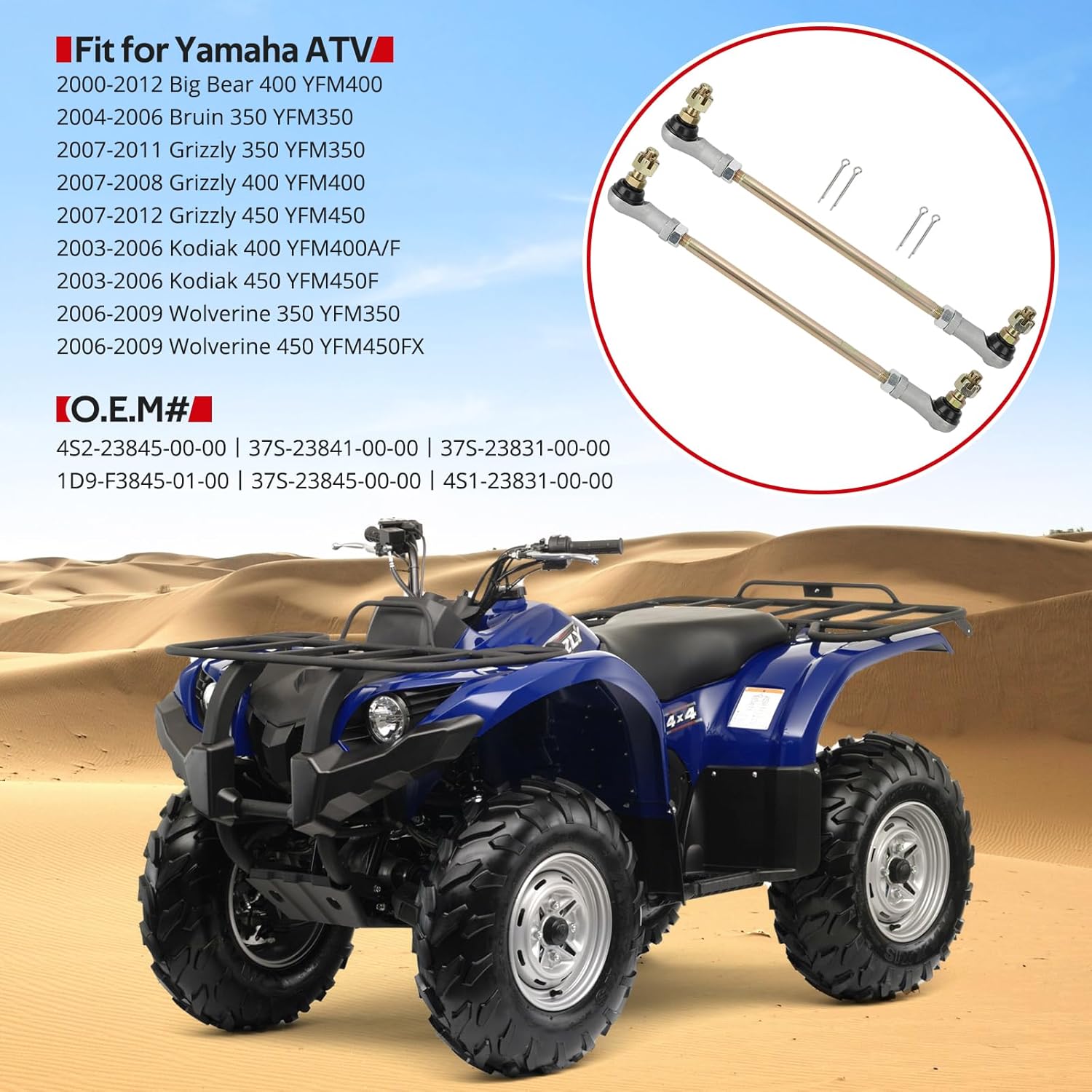 Tie Rod End 2 Sets Kit for Yamaha Big Bear 400 Grizzly 350 400 450 Kodiak 400 450 Wolverine 350 450 Bruin 350