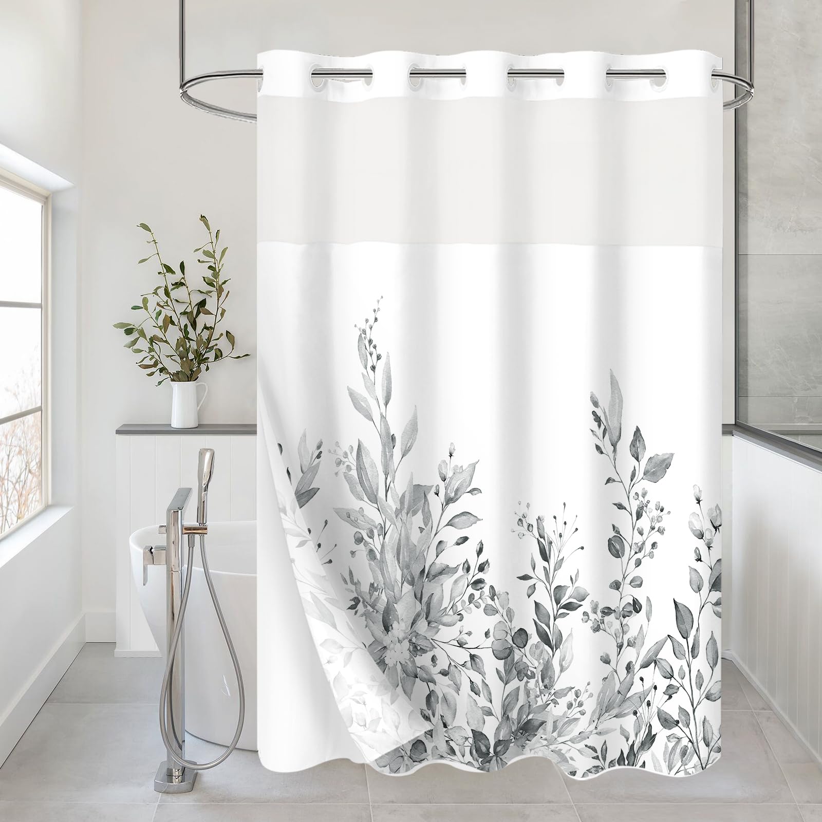 Gibelle No Hook Long Shower Curtain with Snap-in Fabric Liner Set - 72" x 80"(78"), Hotel Style Double Layers Grey Eucalyptus Leaves Shower Curtain