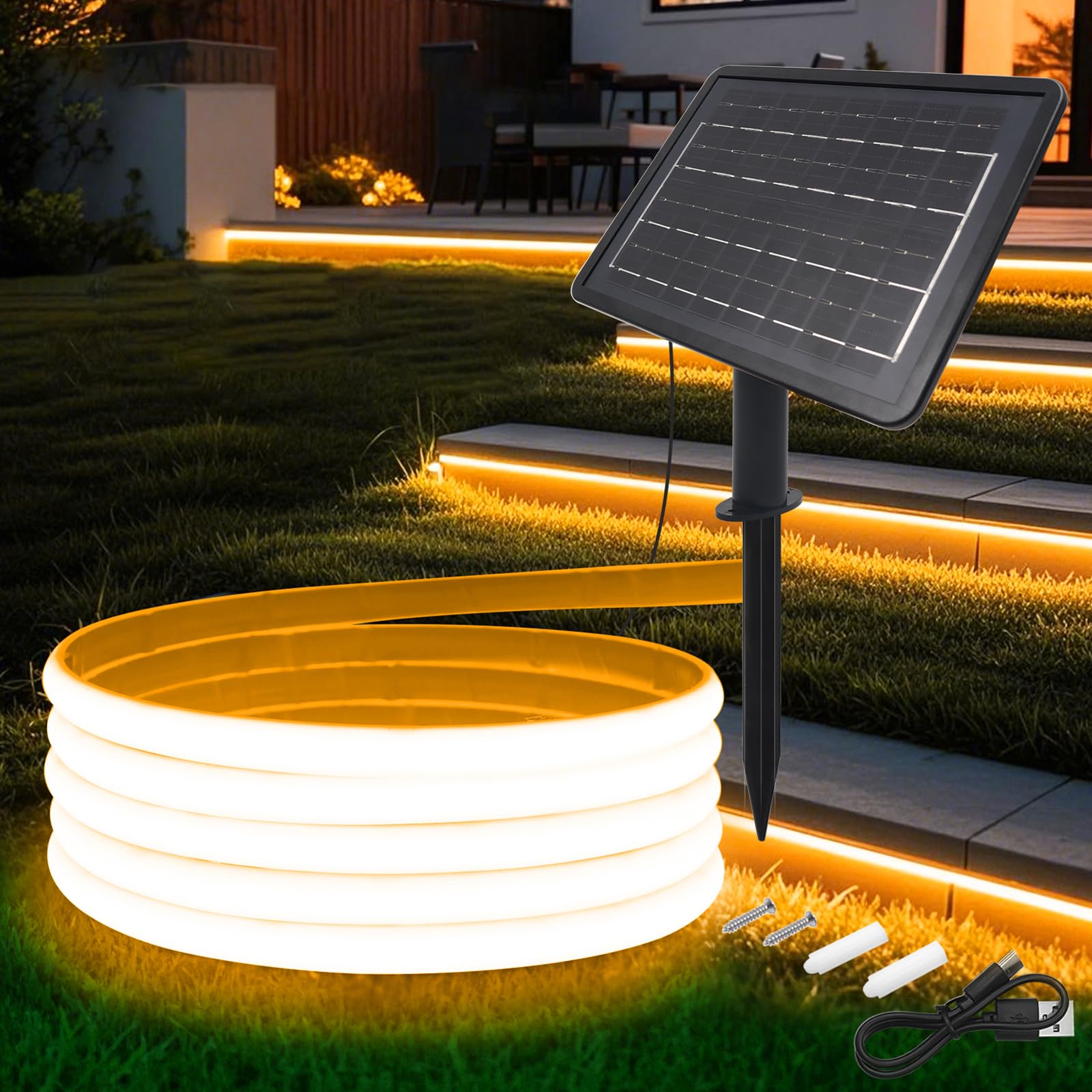 KAFULA 24V COB LED Solar Strip [10m,Yellow Light], 7200MAH Solar Panel Controller, 8 Modes, IP68 Waterproof Flexible Silicone FCOB LED Neon Strip, Bedroom Garden Corridor Decoration — image 1