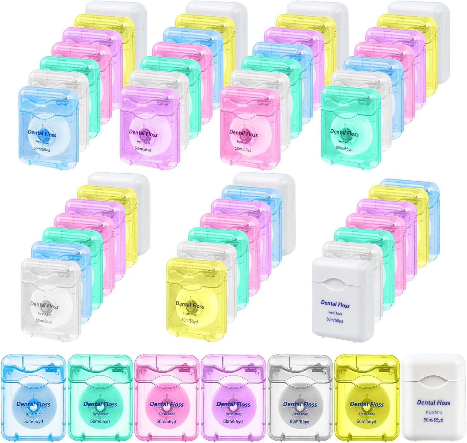 Dental Floss Bulk Travel,50m/55yd Floss in Bulk Mint Flavored Travel Dental Floss Waxed Oral Care for Adults Homeless Teeth Giveaways Kids Patients (7 Colors,Pack of 14)