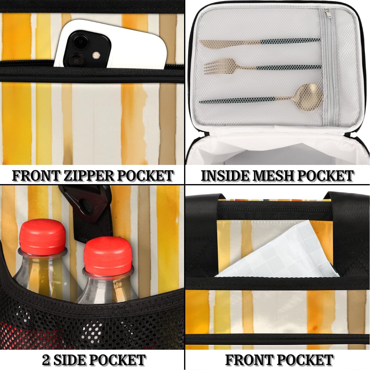 Yellow Watercolor Insulated Picnic Backpack Lunch Box for Women Men Picnic Basket Tote Lunch Bag Picnic Bag Portable Lunch Bags for Picnic, Beach, Work, Trip,Office, Camp Abstract Colorful Stripes