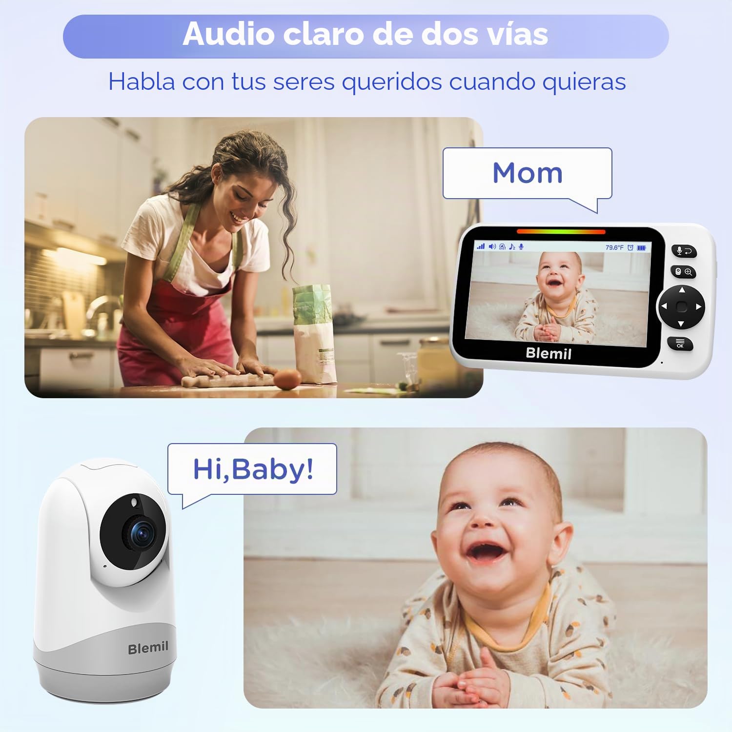 Blemil Monitor de bebé 5 Pulgadas, versión Mejorada con Pantalla Dividida – Vídeo Monitor de Gran tamaño con visión Nocturna | Cámara con Control Remoto de panorámica/inclinación/Zoom | Sin WiFi