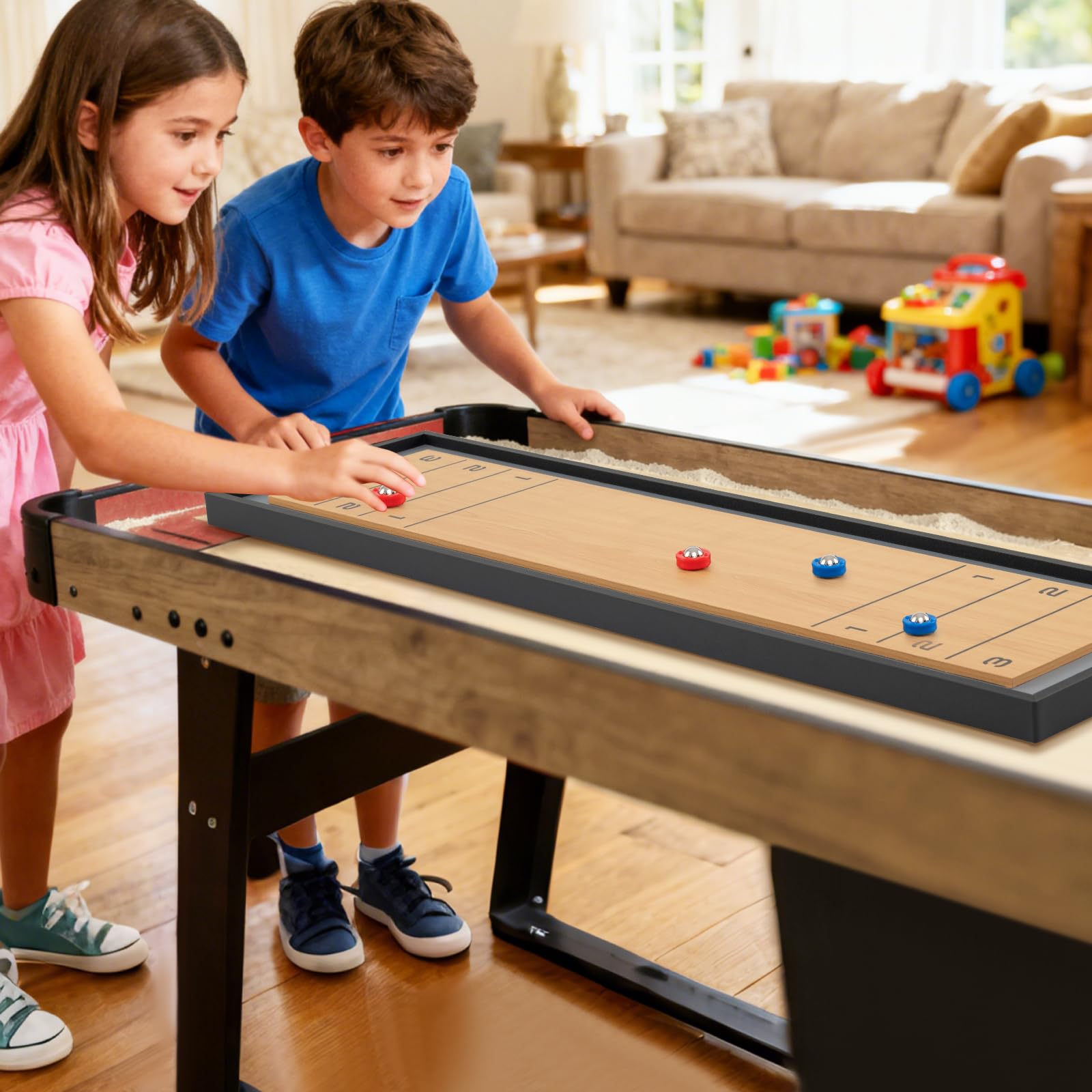 GOPLUS 2-in-1 Tischspiel Set, Shuffleboard & Curling mit 8 Scheiben & rutschfeste Rillen, tragbare Brettspiele Holz für Erwachsene & Kinder, 114 x 32 x 4 cm