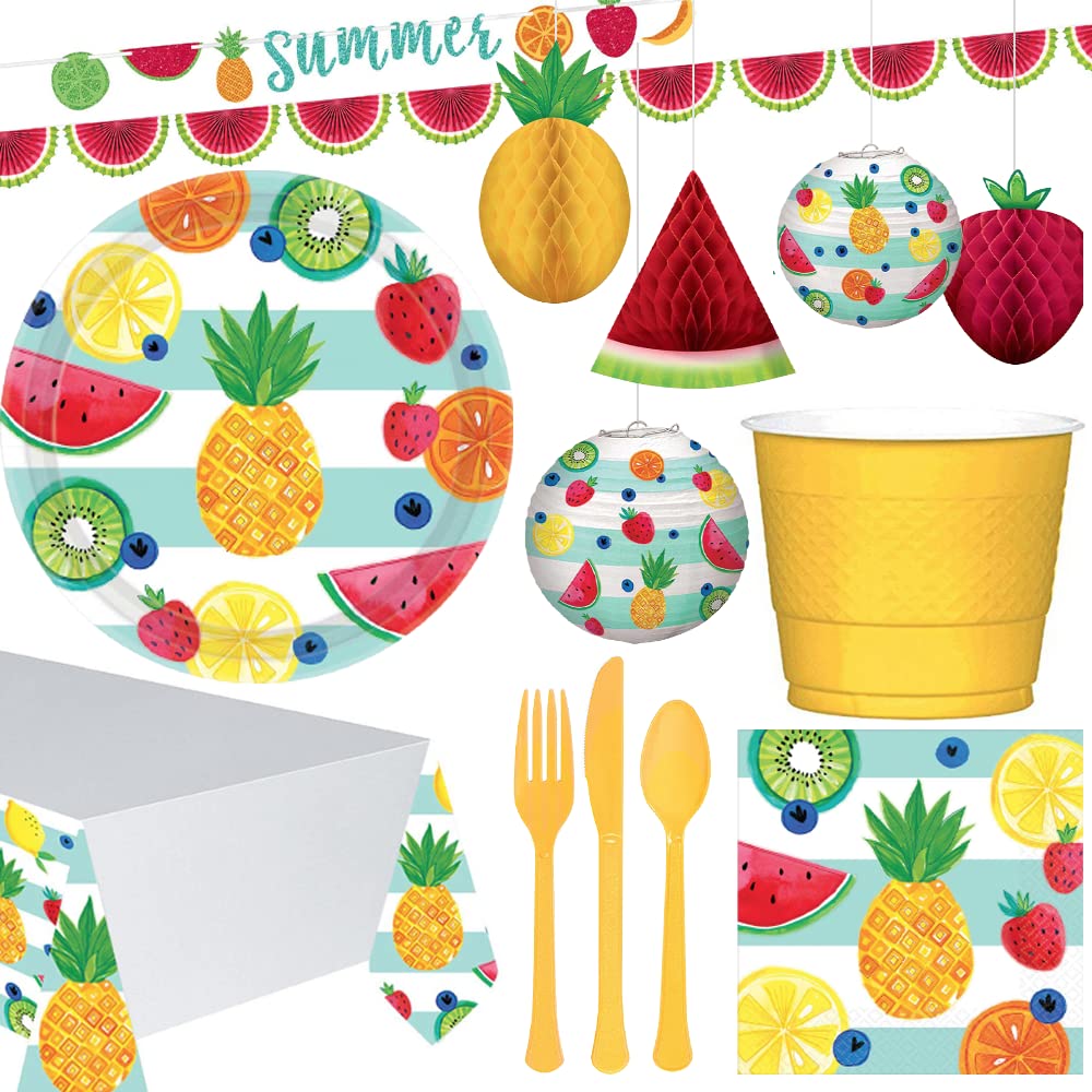amscan Party Centre Hello Summer Premium Tableware Supplies for 8 Guests, Includes Banner and Honeycomb Decoration