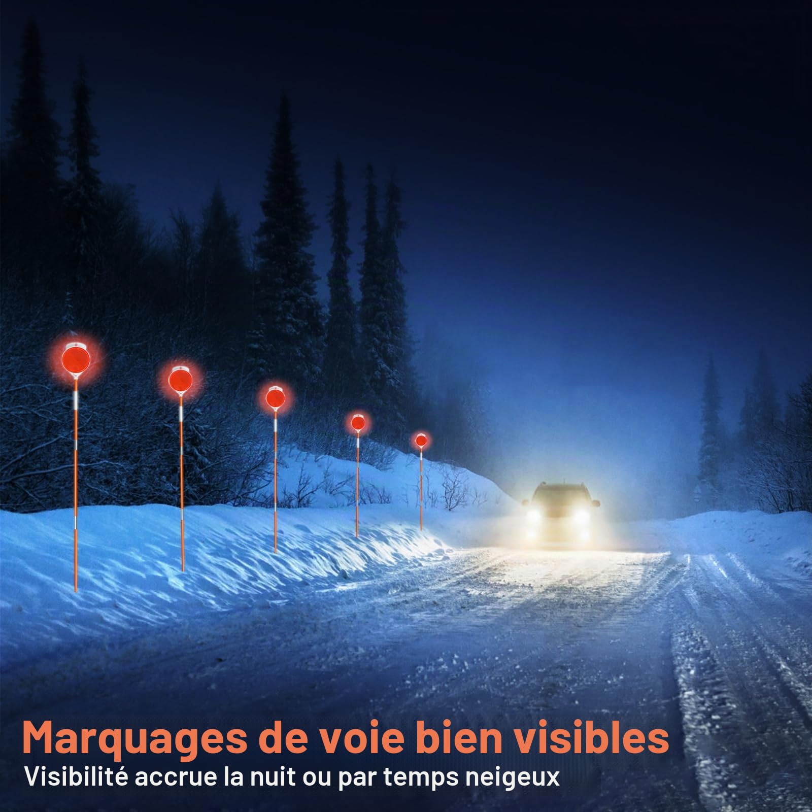 Lot de 10 marqueurs réfléchissants pour allée, piquets à Neige en Fibre de Verre Orange de 129,5 cm avec réflecteur Double Face et Bande réfléchissante pour parkings, allées et trottoirs