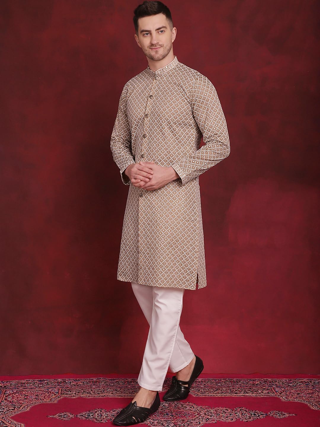 Jompers Men's Sequin Chikankari Front Open Kurta With Pyjamas (Beige, Xl)