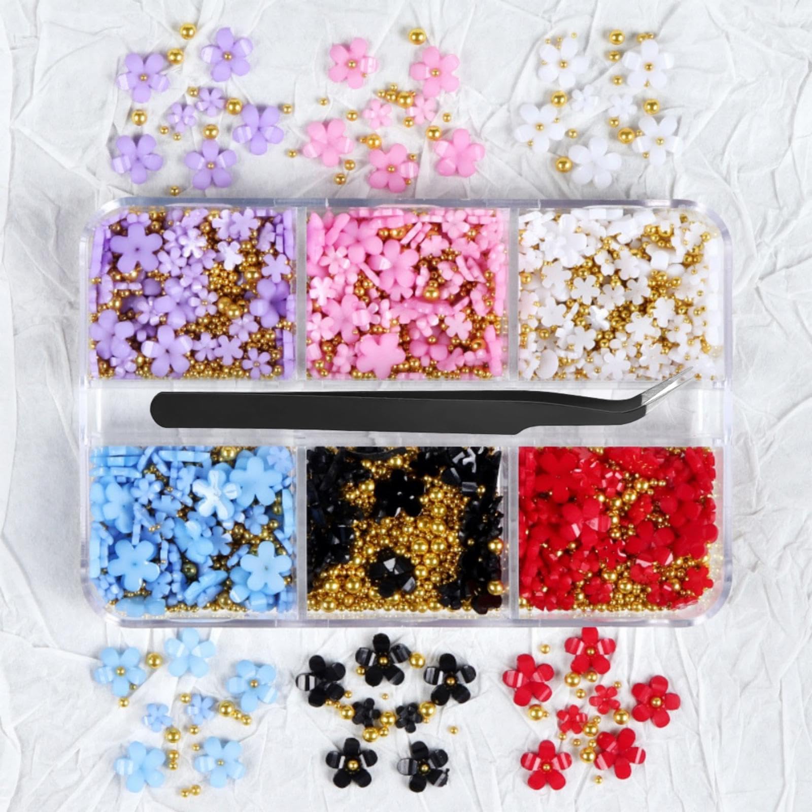 Photo 1 of 1 Box 6 Color Holographic Flower Nail Glitter Colorful Petal Nail Sequins 3D Red Purple Nail Flakes Sparkly Powder Flakes Shiny Nail Glitter Gold Beads Nail Sequins Glitter for Nails Art 6 Grids