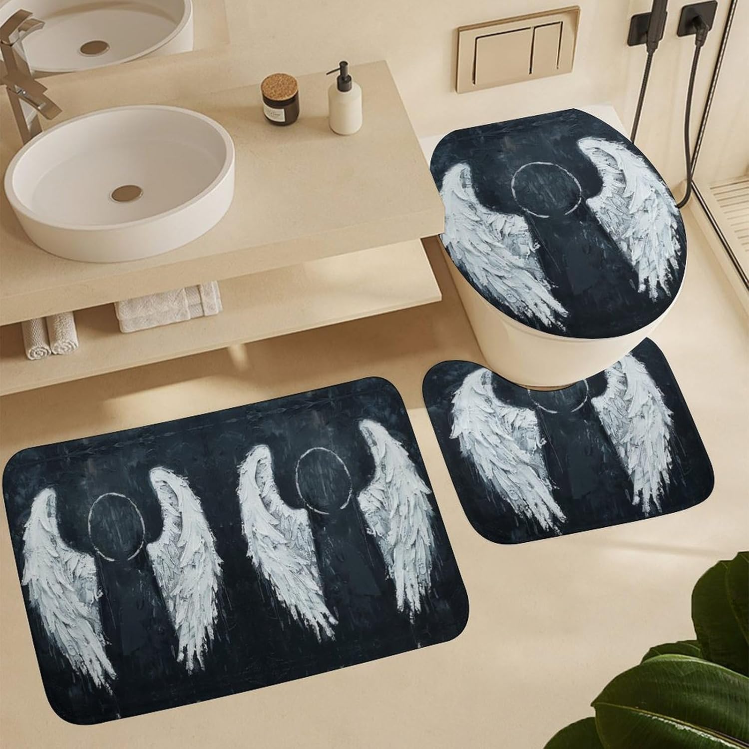 Anti-Skid Floor Mats 3 Piece Set,White Angel Wings Printed Coral Fleece Bathroom Mats U-Shaped Contour Mat Toilet Seat Cover for Bathroom, Tub, Shower, Kitchen 19.7"x31.5"