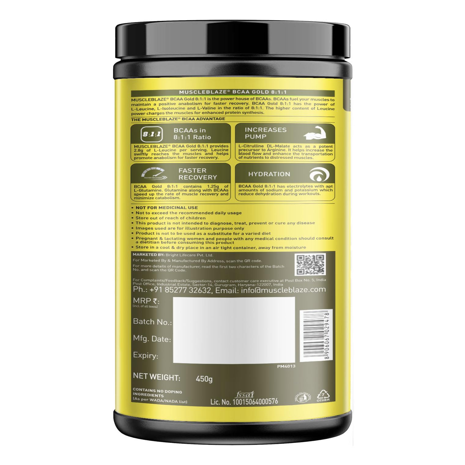 MuscleBlaze BCAA Gold 8:1:1 Powder, Watermelon (60 Servings, 450g) | With Higher Leucine, Electrolytes & Glutamine - Image 7 thumbnail
