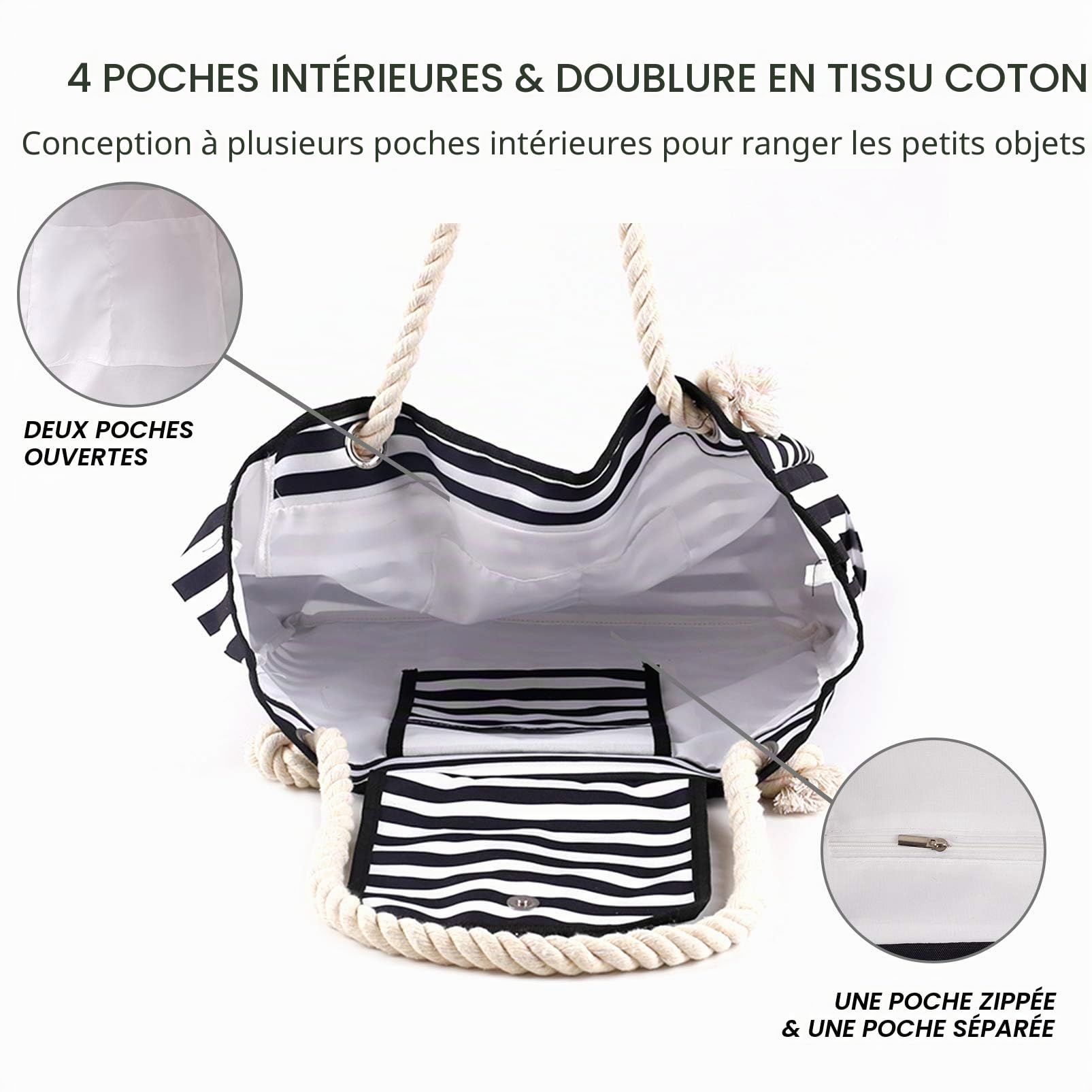 Genovega Grande Sac de Plage en Toile Femme Homme - XXL Cabas Sac Shopping Voyage Ete avec Boucle Magnétique, Sacs d'épaule de Natation Sport avec Poignées en Coton Corde