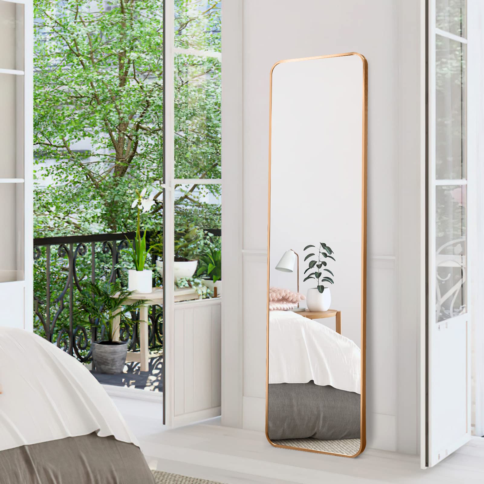 PHAREGE Gold Full Length Mirror with Stand, 60x18 inch Floor Standing or Wall Mounted Full Body Size Mirror for Bedroom, Brushed Aluminum Frame