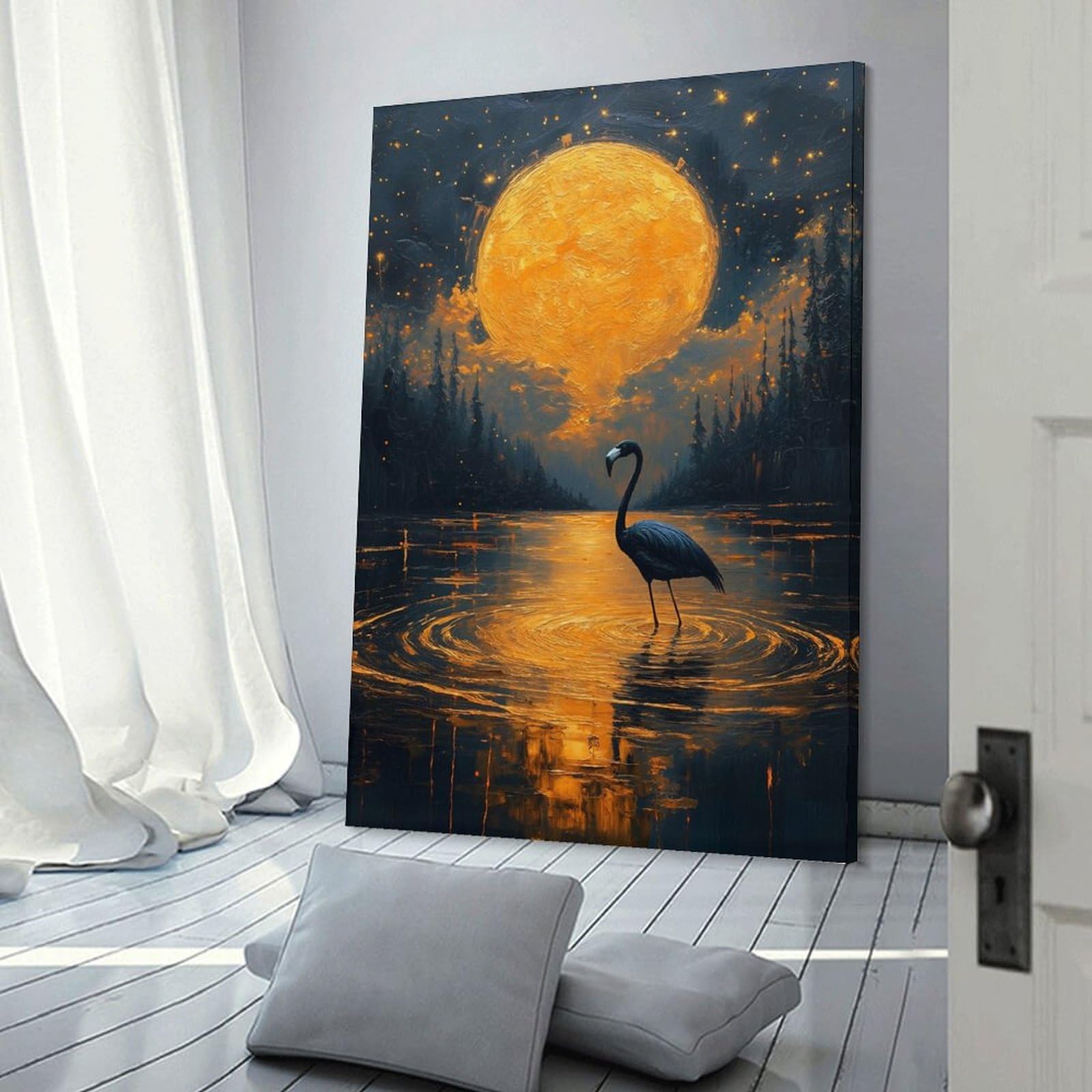 Junmoney Frame-Style-17 Canvas Wall Decor Flamingo Under A Golden Moon, 16X24inch(40X60cm), For Living Room, Bedroom, Office Or Hallway, Decorative Artwork With Broad Appeal