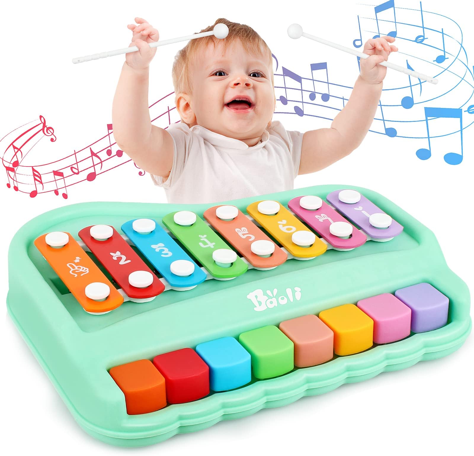 Baby Xylophone Toys for 6 Months Old Kids, 2 in 1 Musical Instrument Toy for 8 9 12 18 Months Toddlers, Birthday Gifts for Age 1 2 Year Old Boys Girls, Xylophone Toys 8 Notes Piano Keys 2 Sticks Green