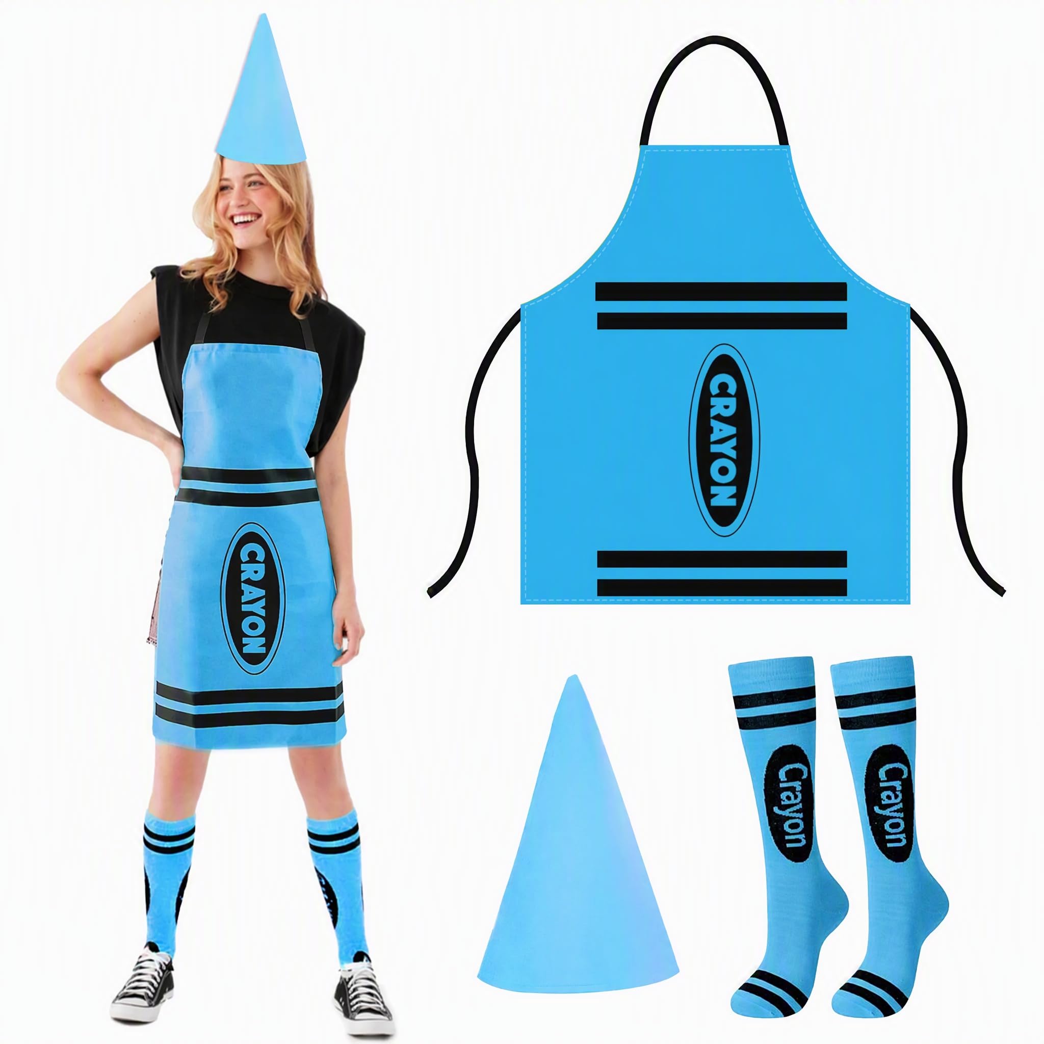 Disfraz Halloween Mujer Adulta, 3Pcs Disfraz De Crayón Con Delantal De Crayon, Sombrero Cónico y Calcetines a Rayas, Disfraces Halloween Para Carnaval Cosplay, Juego De Roles En Grupo