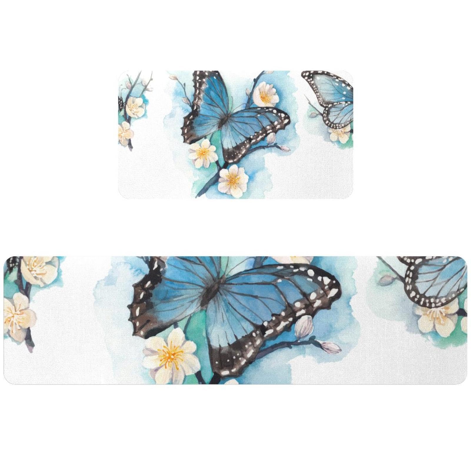 Tapete de cocina de 2 piezas azul con mariposas y ramas de ciruelo alfombra antideslizante lavable