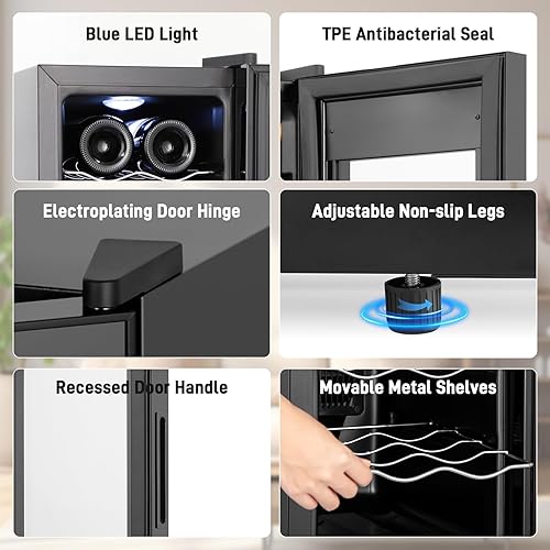 Miniatura 6 de Tylza Refrigerador de vino de 8 botellas, bodega con puerta de vidrio templado de baja emisión, pantalla táctil LED, cerradura, sin escarcha, sin