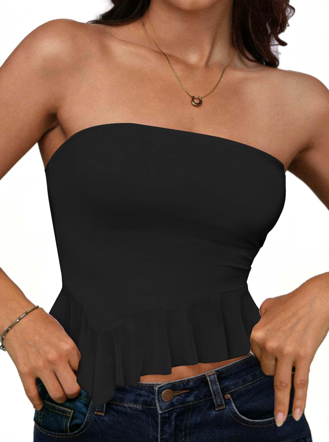 Remidoo Tube Tops for Women Sexy Sheer Mesh Strapless Top Asymmetrical Hem Ruffle Cropped Shirt