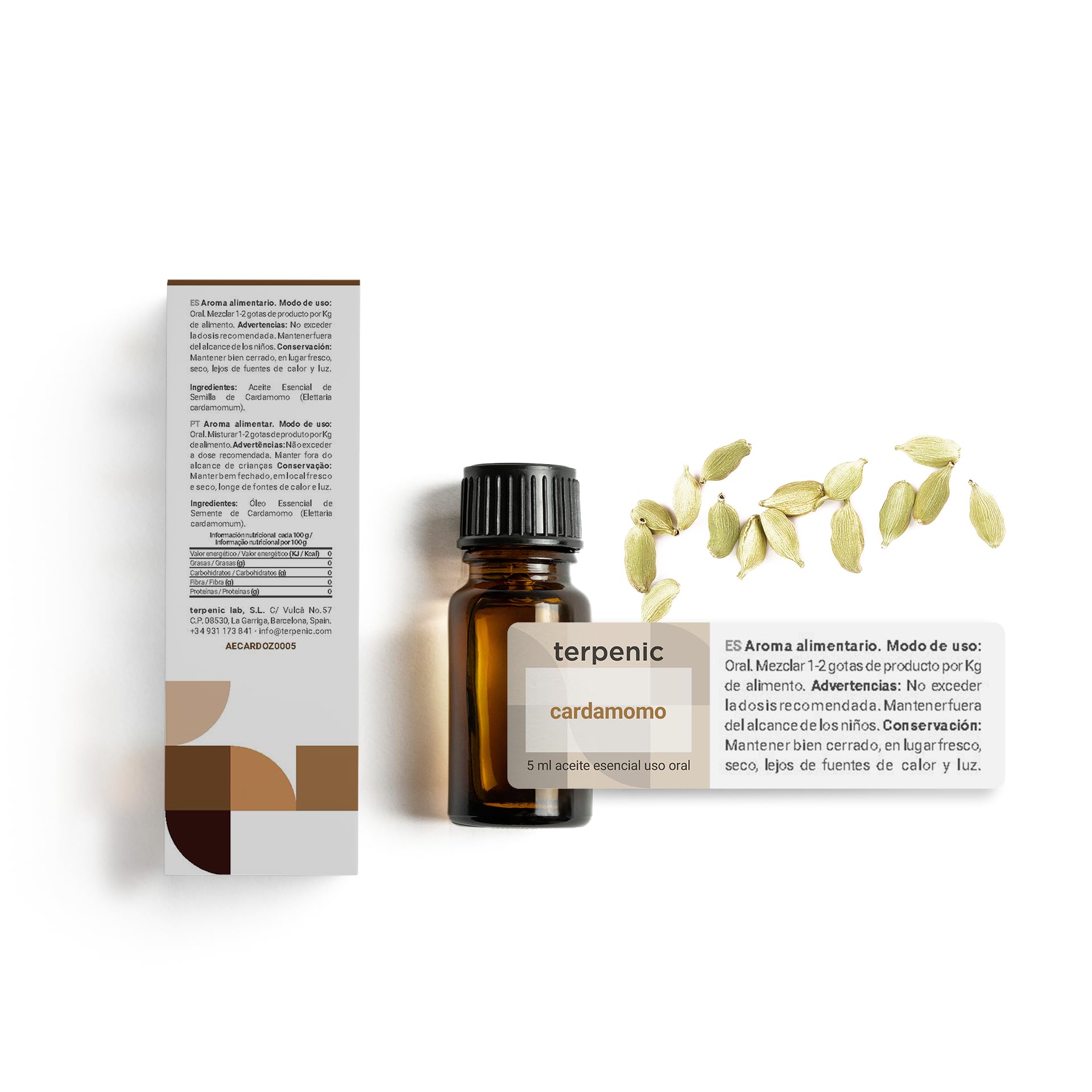 TERPENIC - Aceite Esencial de Cardamomo (Elettaria cardamomum) - 30 ml - Uso Oral – Especiado profesional intenso