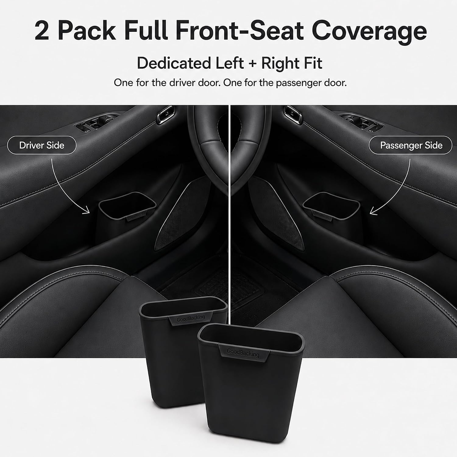 Car Door Trash Can 2 Pack, Black Silicone Garbage Bin for Driver Passenger Door Pocket, Waterproof Auto Waste Container for Cars SUVs Trucks Minivans