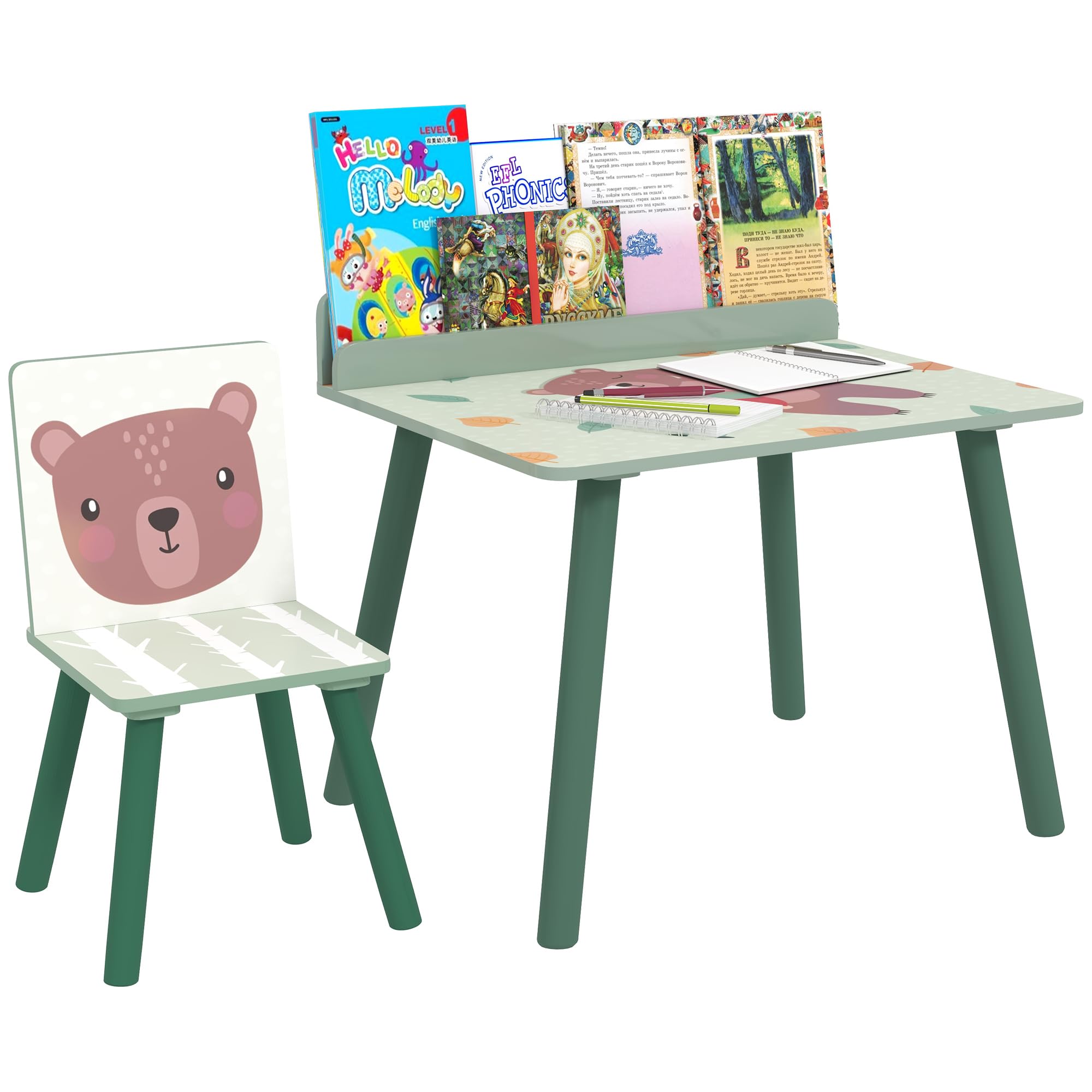 AIYAPLAY Set Sedia e Tavolino per Bambini con Ripiano Portaoggetti, Banco Scuola e Sedia in MDF e Legno di Pino, per Cameretta, Stanza da Gioco, Camera da Letto, Verde