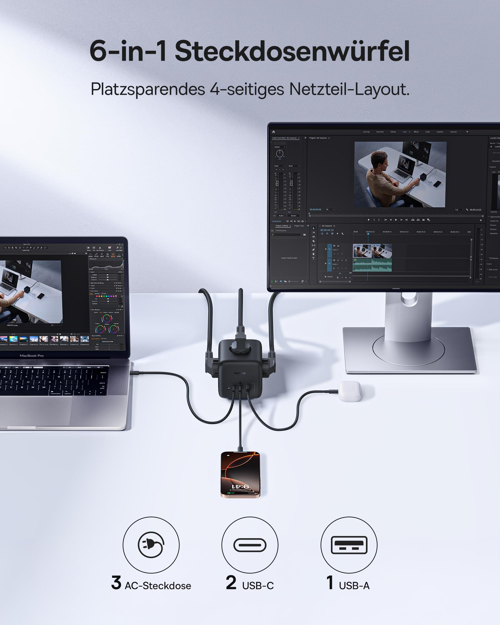 Baseus 67W Steckdosenwürfel, USB C Steckdosenleiste GaN6 USB C Ladegerät 3-Fach Steckdose mit Schalter, Tragbar PD-Ladegerät für MacBook, iPad, iPhone 16/15, Galaxy S25 Ultra, Zuhause, Büro, Reisen