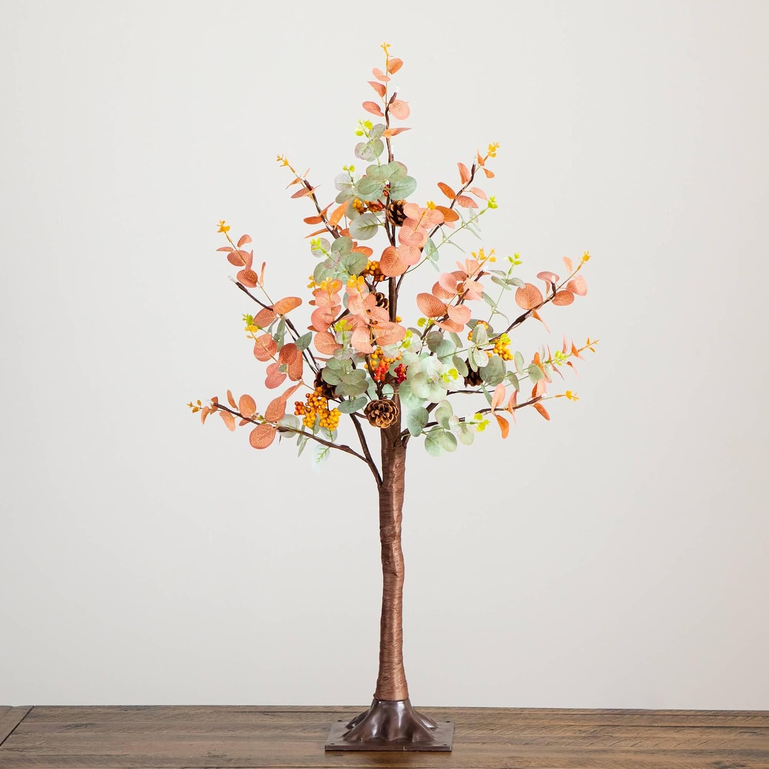 Nearly Natural 3ft Pre-Lit Autumn Eucalyptus Artificial Fall Tree with Pinecones, Berries and 36 Warm White LED Lights