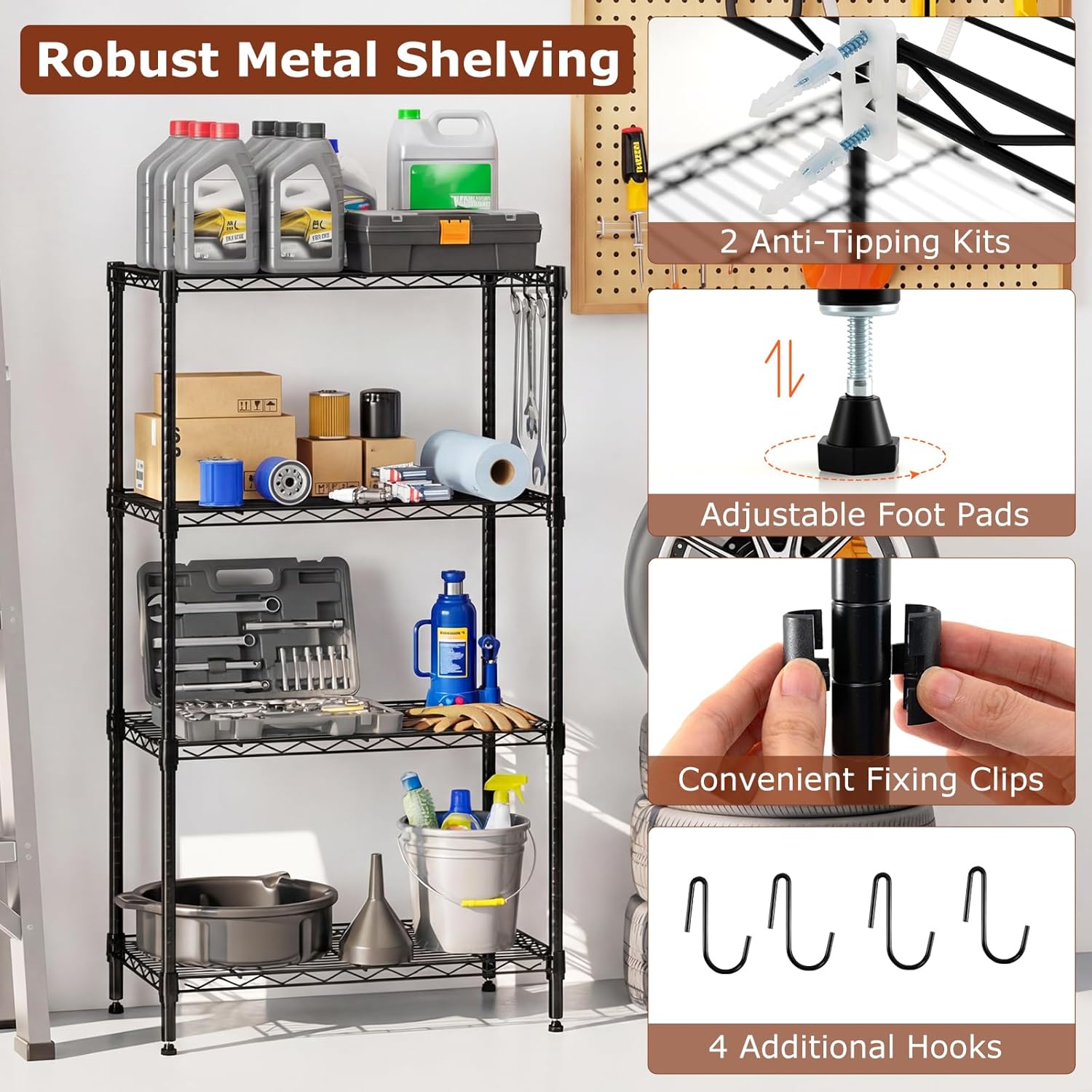 GOFLAME 4-Tier Metal Storage Shelving Unit, Heavy-Duty Adjustable Utility Shelf with V-Shaped Wire Rack, 600 LBS Storage Organizer for Home, Kitchen, Garage, Basement, 23.5”L x 13.5”W x 42.5”H