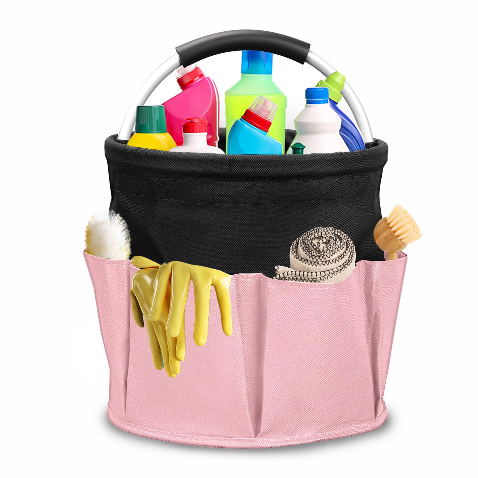 Ruaizel Cleaning Caddy with Handle, Foldable Cleaning Caddy Organiser, Cleaning Bag for Garden Small Tools Bag,Multi pocket Craft Universal (Pink and Black)