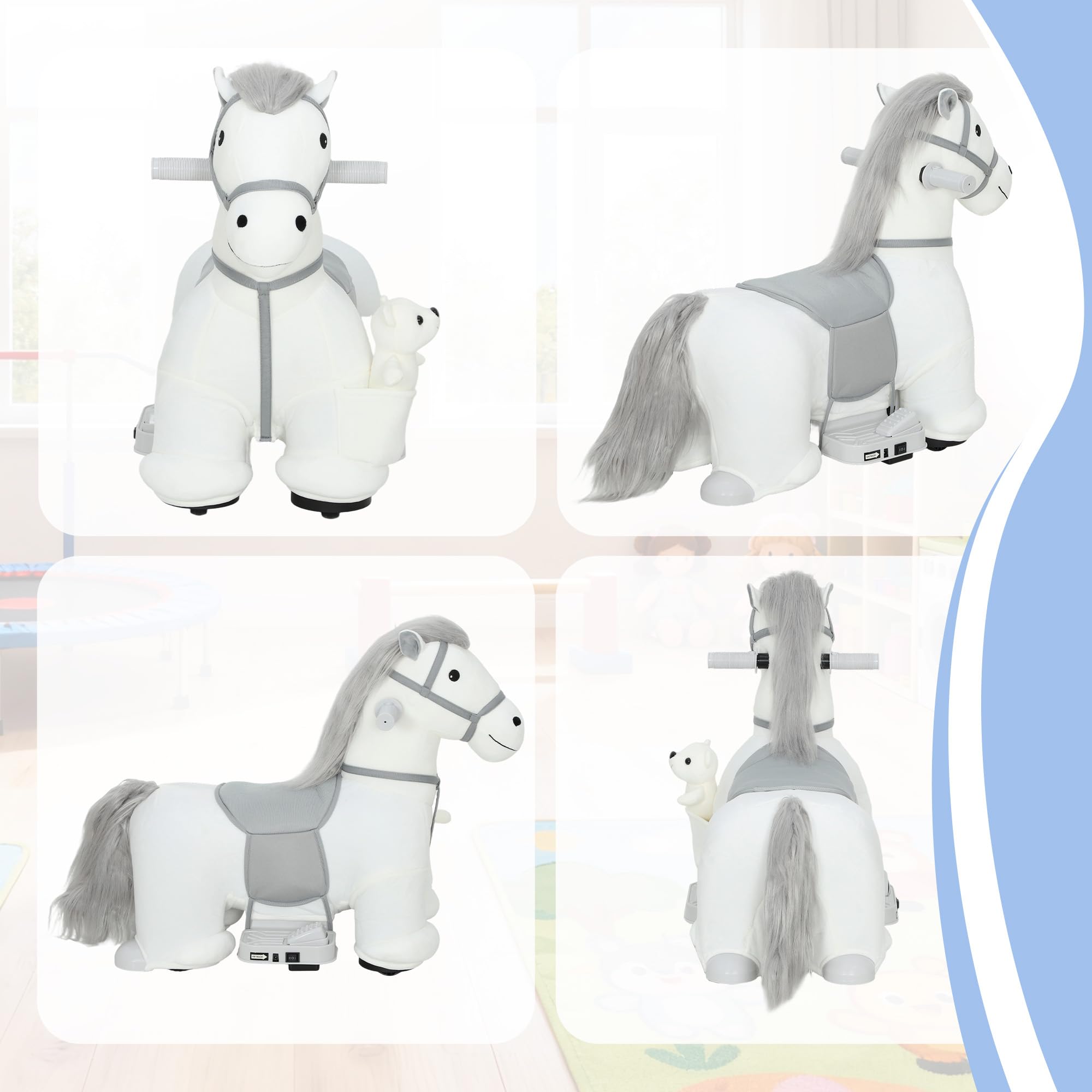 AIYAPLAY Caballito Eléctrico con Música, Batería 6V, Caballo de Juguete Eléctrico, Tacto Suave, Ruedas Silenciosas de PU, Marcha Adelante, Regalo para Niños y Niñas de 1,5 a 5 Años, Blanco