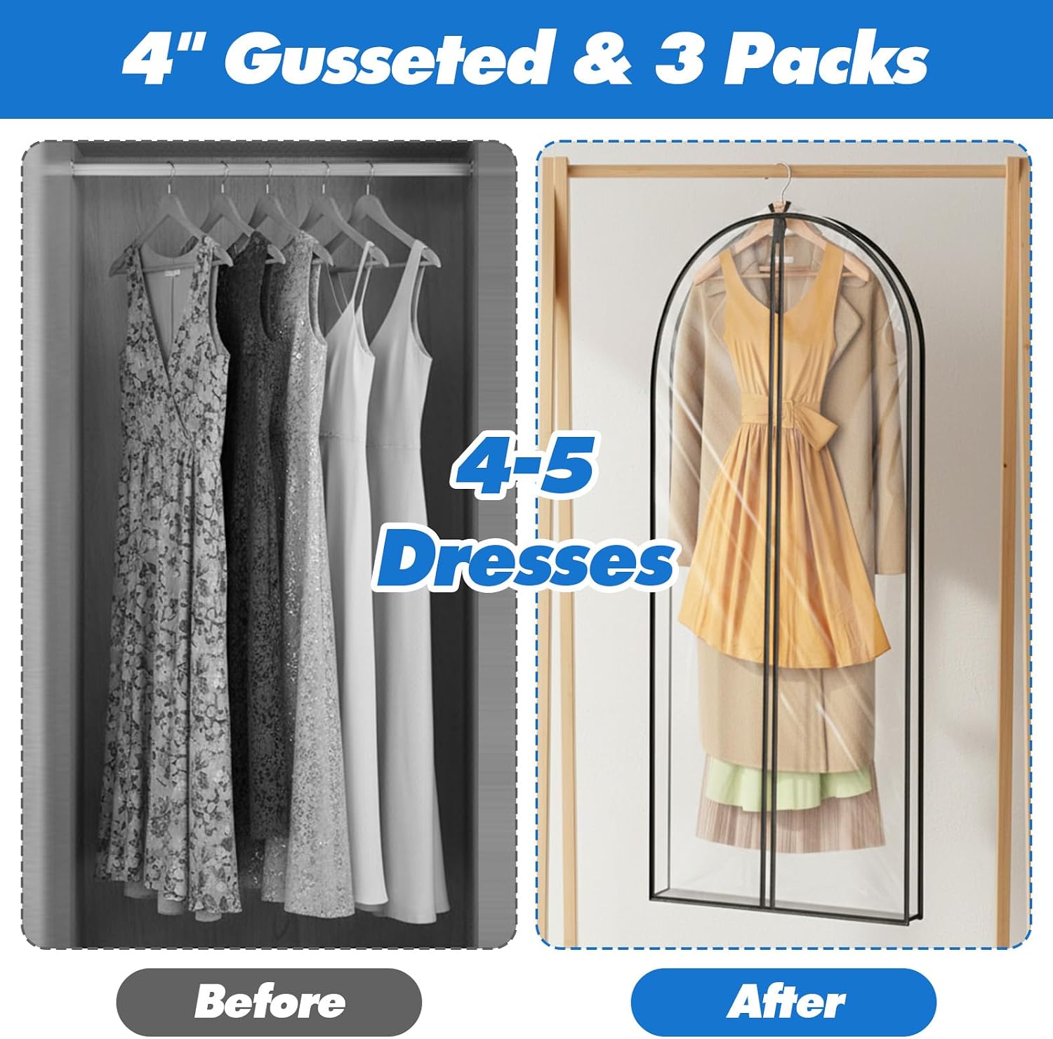 3 Pcs 59" Dress Bags for Gowns Clear Garment Bags for Hanging Clothes 4" Gusseted Dress Bags for Gowns Long Dress Cover for Closet Storage Dress Protector Bag