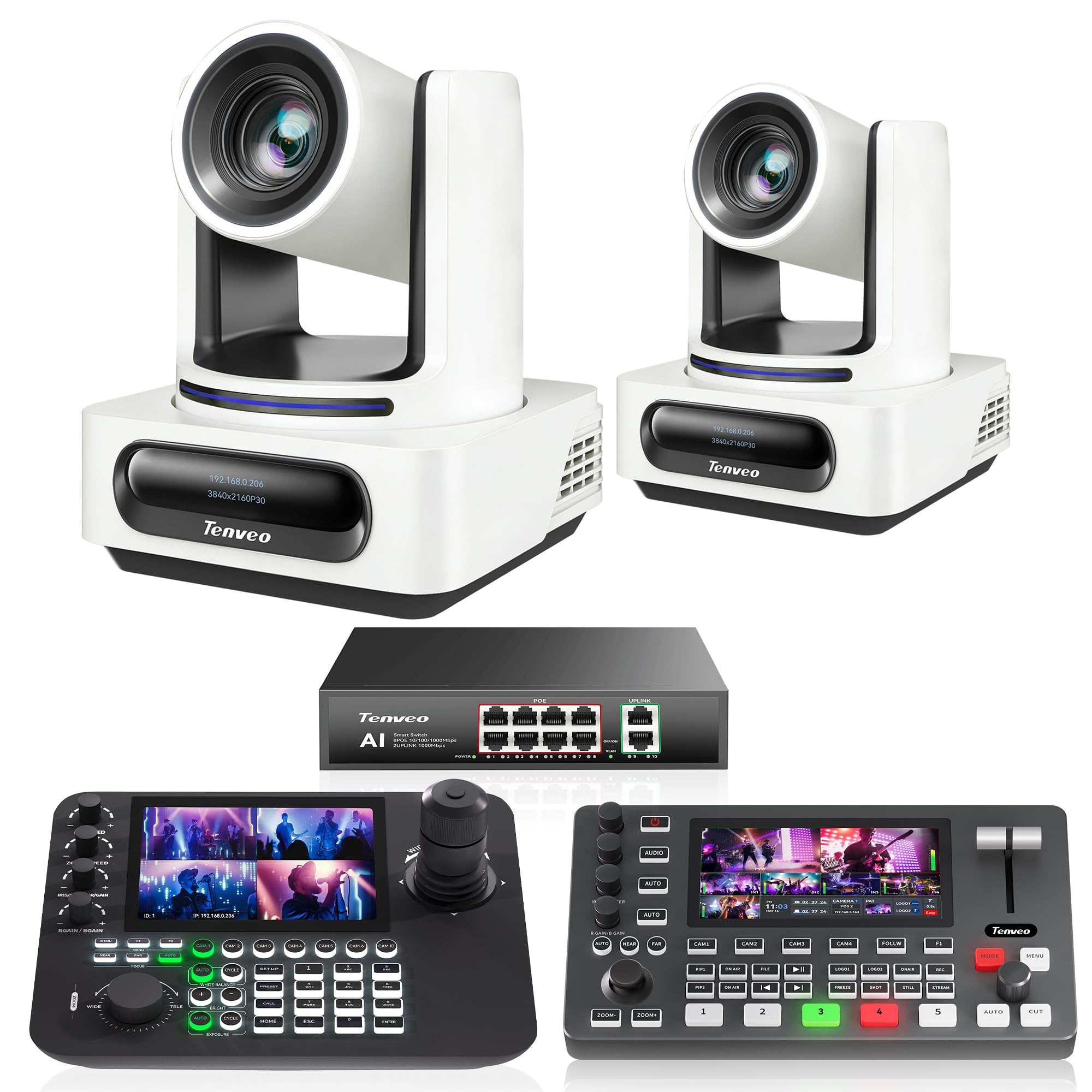 Tenveo Bundle/Kit Telecamera PTZ e Controller 2 Telecamere NDI PTZ 4K con Auto-Tracking AI 20X Zoom, SDI/HDMI/USB3.0/LAN(PoE), Controller Schermo Quadruplo da 7”, Switcher Mixer Video e Switch PoE