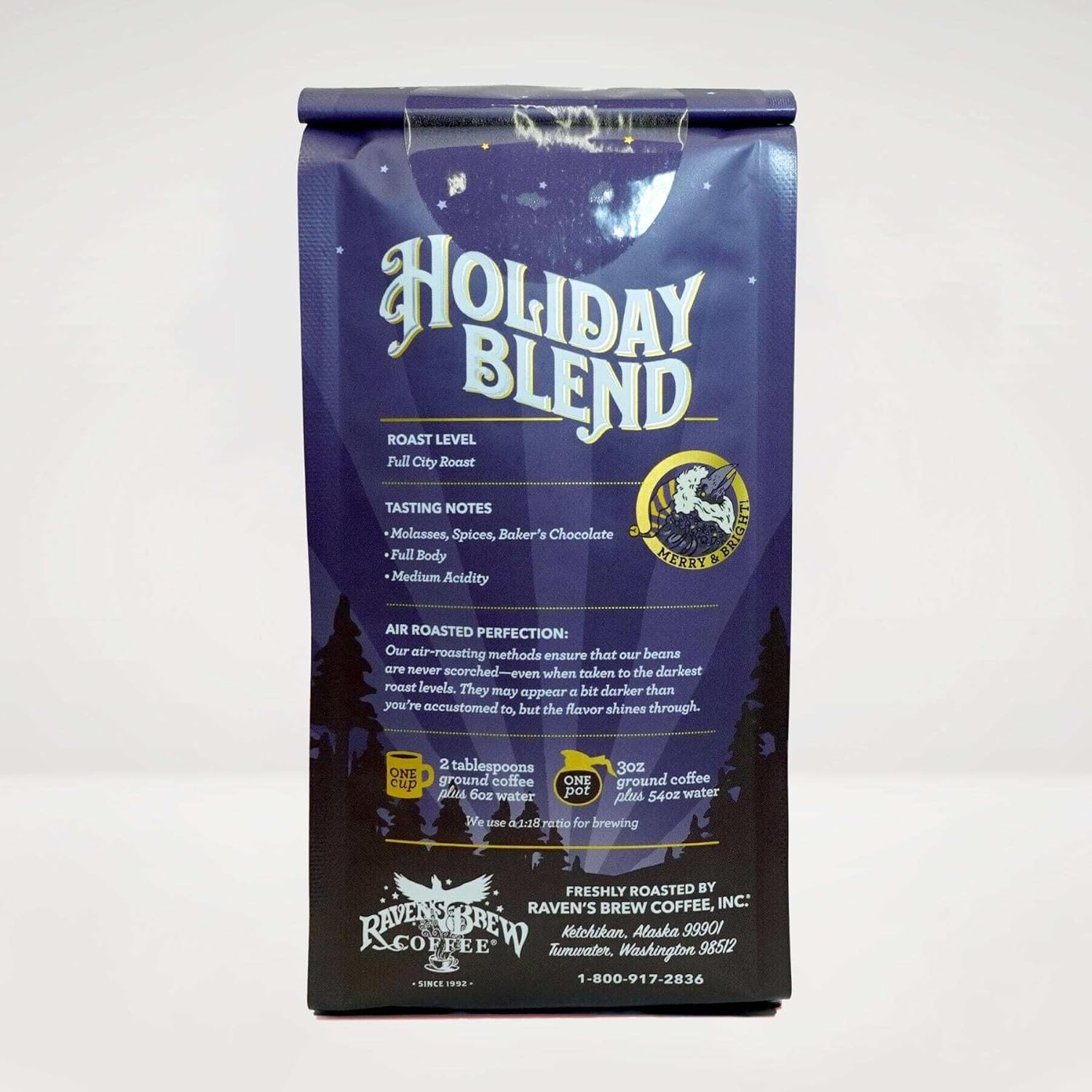 Raven's Brew Coffee Holiday Blend Ground Coffee - Premium 10oz Full City Roast with Molasses, Spices & Baker's Chocolate Notes | Seasonal Celebration Medium Roast for Christmas & Fall