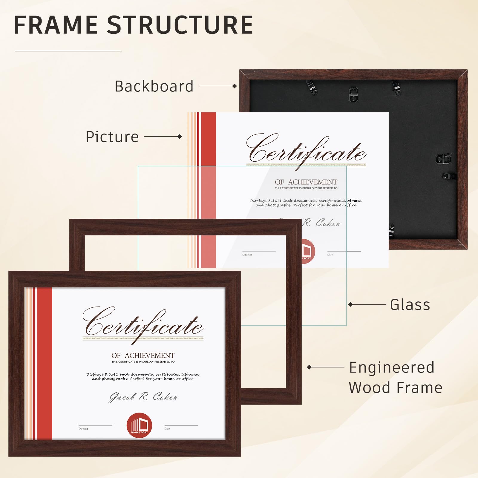 Frametory, 21,6 x 27,9 cm Walnussholz-Bilderrahmen, 5er Set, Echtglas, Diplomrahmen für Wandmontage oder Tischdisplay, perfekt für Urkunden, Diplome, Auszeichnungen oder andere Dokumente
