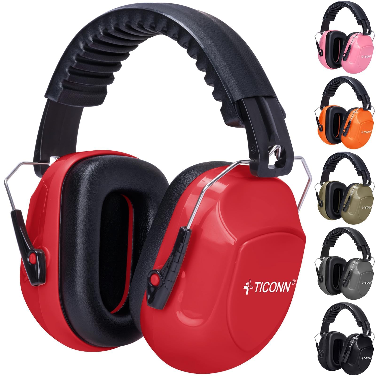 TICONN Noise Cancelling Ear Muffs for Adults, SNR 33dB Hearing Protection, Adjustable Safety Earmuffs for hunting, Construction (Red)