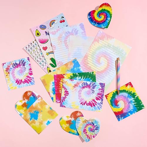 Tie Dyed Stationery Set - 69 PCS Rainbow Girls Stationery Paper with Lines Letter Paper for Kids Christmas Birthday Party Gift Letter Writing Kit with Greeting Cards Stickers and Pen