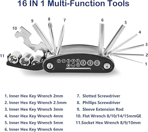 Miniatura 4 de Kit de reparación de bicicletas, mini bomba de bicicleta, kit de herramientas de reparación de neumáticos de bicicleta contiene herramienta 16 en 1,