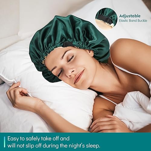 Miniatura 6 de Kuraoyan Gorro de seda de doble capa para dormir para mujeres y hombres, gorra de satén ajustable grande para cabello rizado y natural